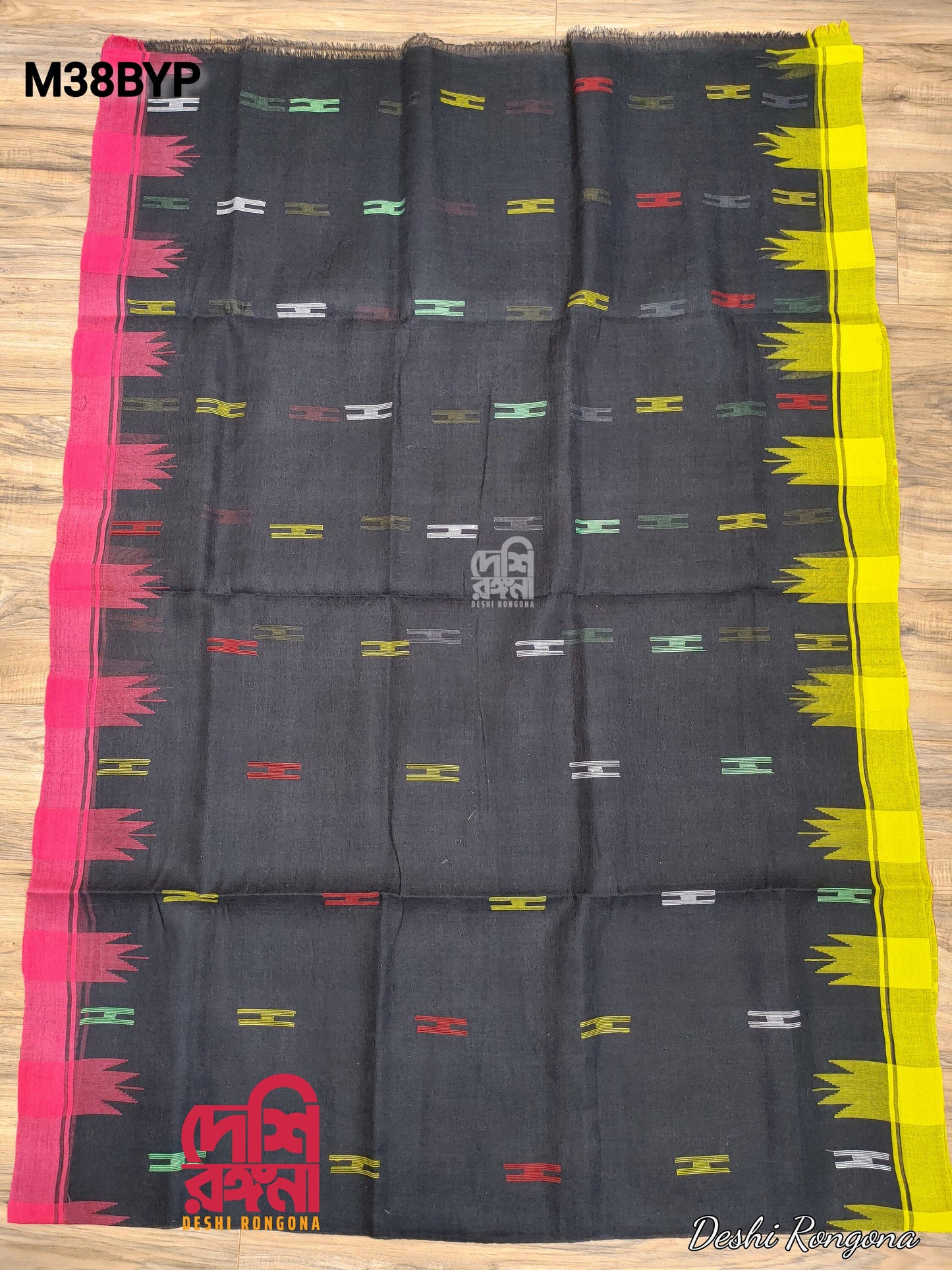 Sylheti Original Monipuri Handwoven Soft Cotton Saree, Black with Yellow/Pink Ganga Jamuna Woven Border,Bangladeshi,Traditional Saree