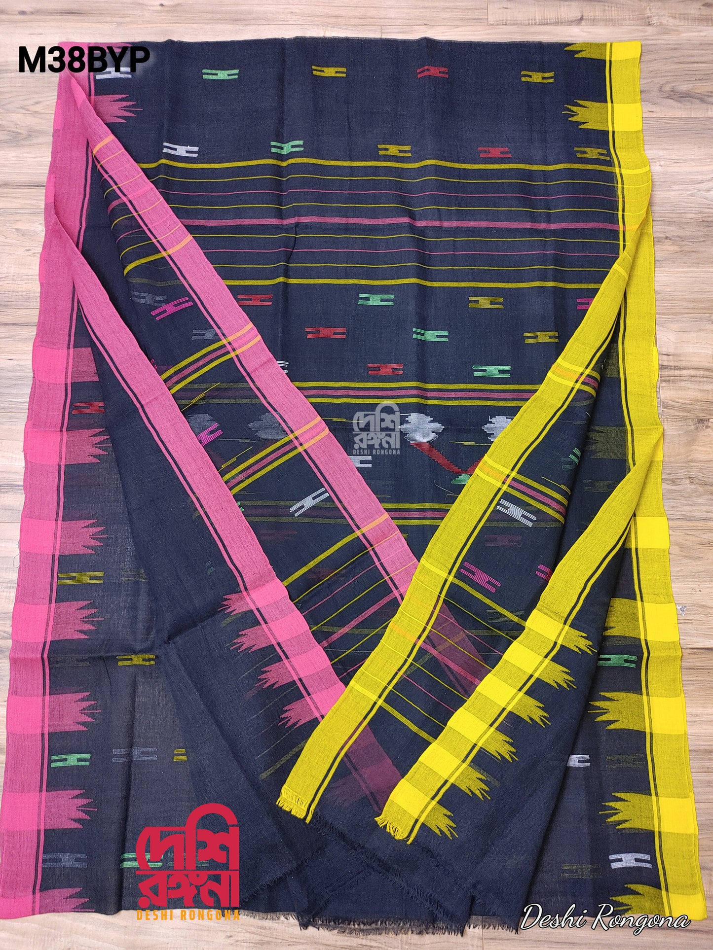 Sylheti Original Monipuri Handwoven Soft Cotton Saree, Black with Yellow/Pink Ganga Jamuna Woven Border,Bangladeshi,Traditional Saree