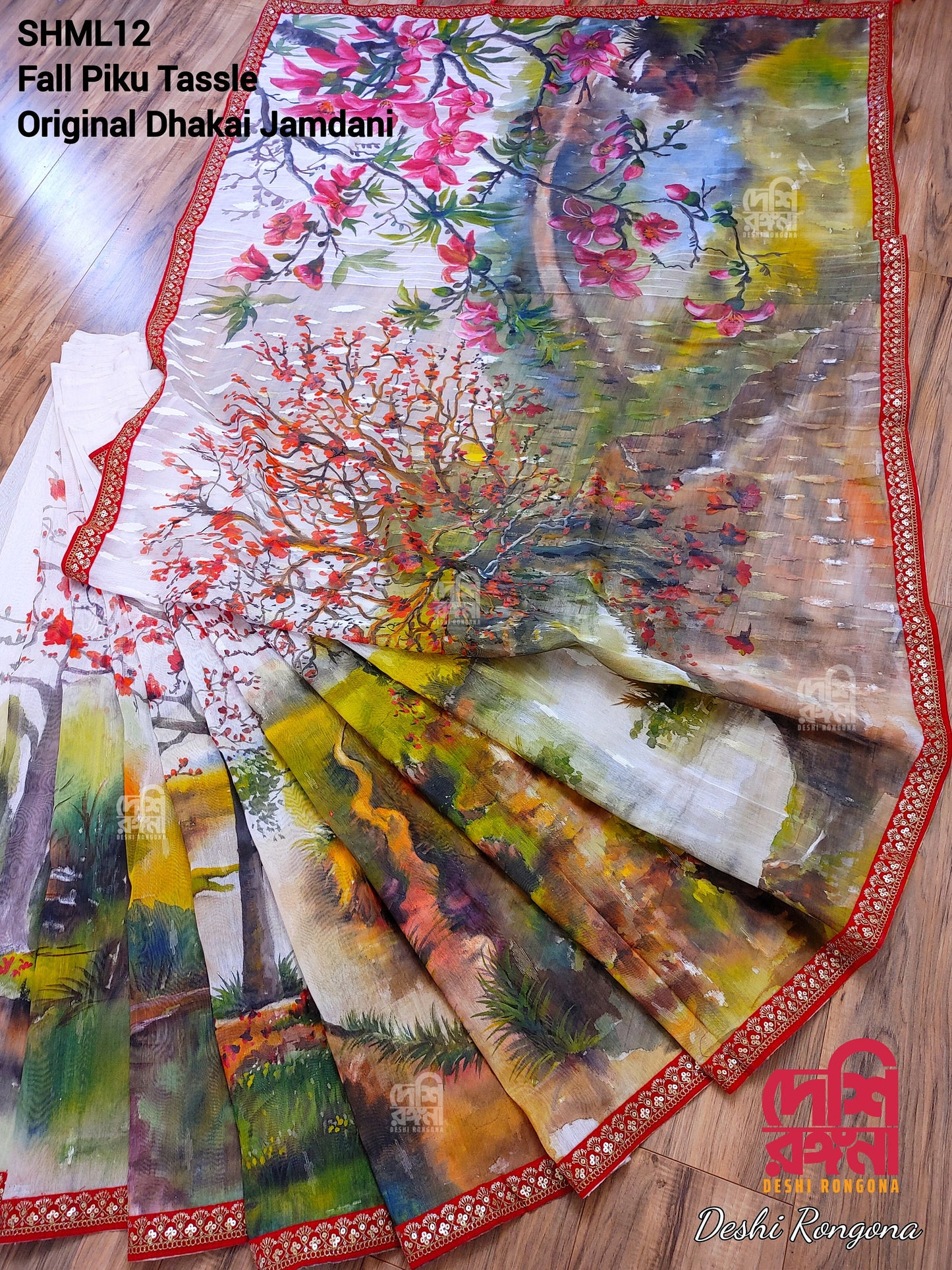 Original Dhakai Jamdani Handpainted Saree, Bombax Orchard Theme, Halfsilk, Bangladeshi Handmade Saree, Fall Piko, Velvet Lace, Tassel done