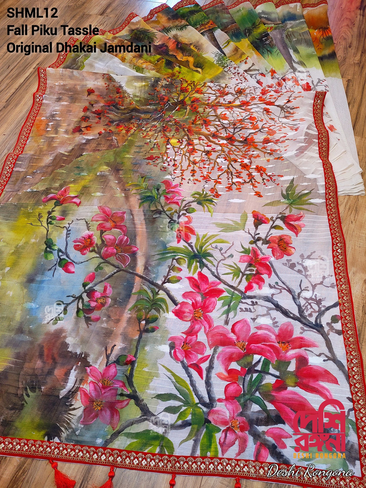 Original Dhakai Jamdani Handpainted Saree, Bombax Orchard Theme, Halfsilk, Bangladeshi Handmade Saree, Fall Piko, Velvet Lace, Tassel done