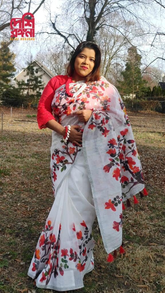 Original Dhakai Jamdani Handpainted, Halfsilk, Red/White Bombax Flower theme Handloom, 64 count thread, Traditional, Elegant, Classy Saree
