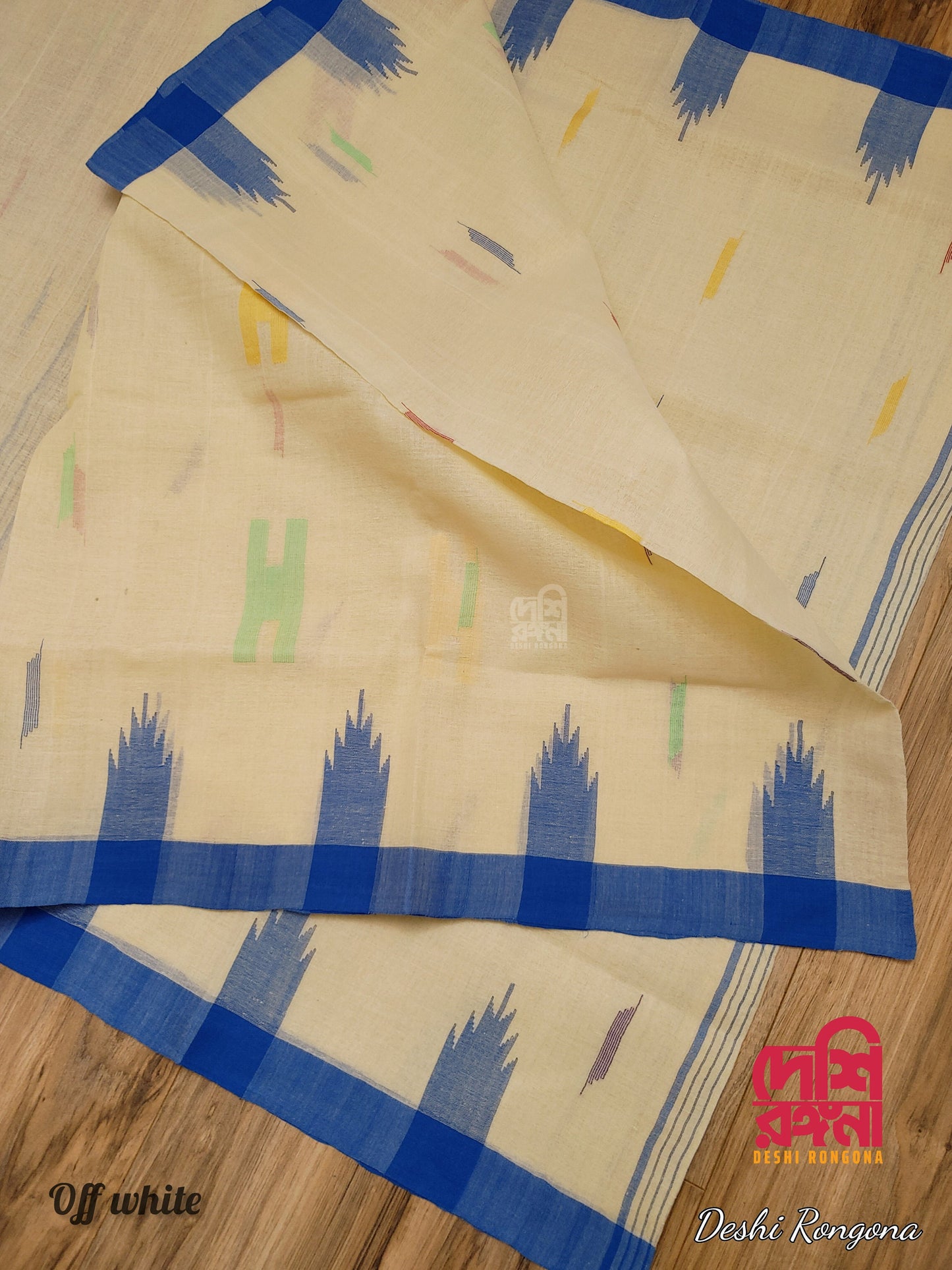 Sylheti Monipuri Handwoven Saree – Off White & Blue Border