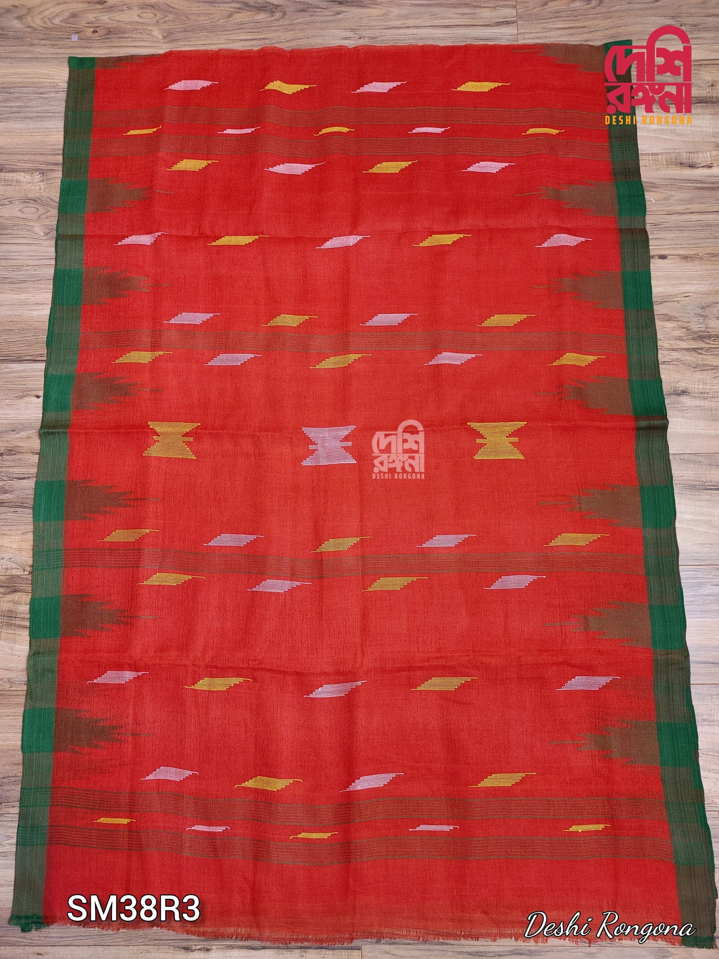 Sylheti Original Monipuri Handwoven Soft Cotton Saree, Red with Green Woven Border, Bangladeshi, Traditional Saree