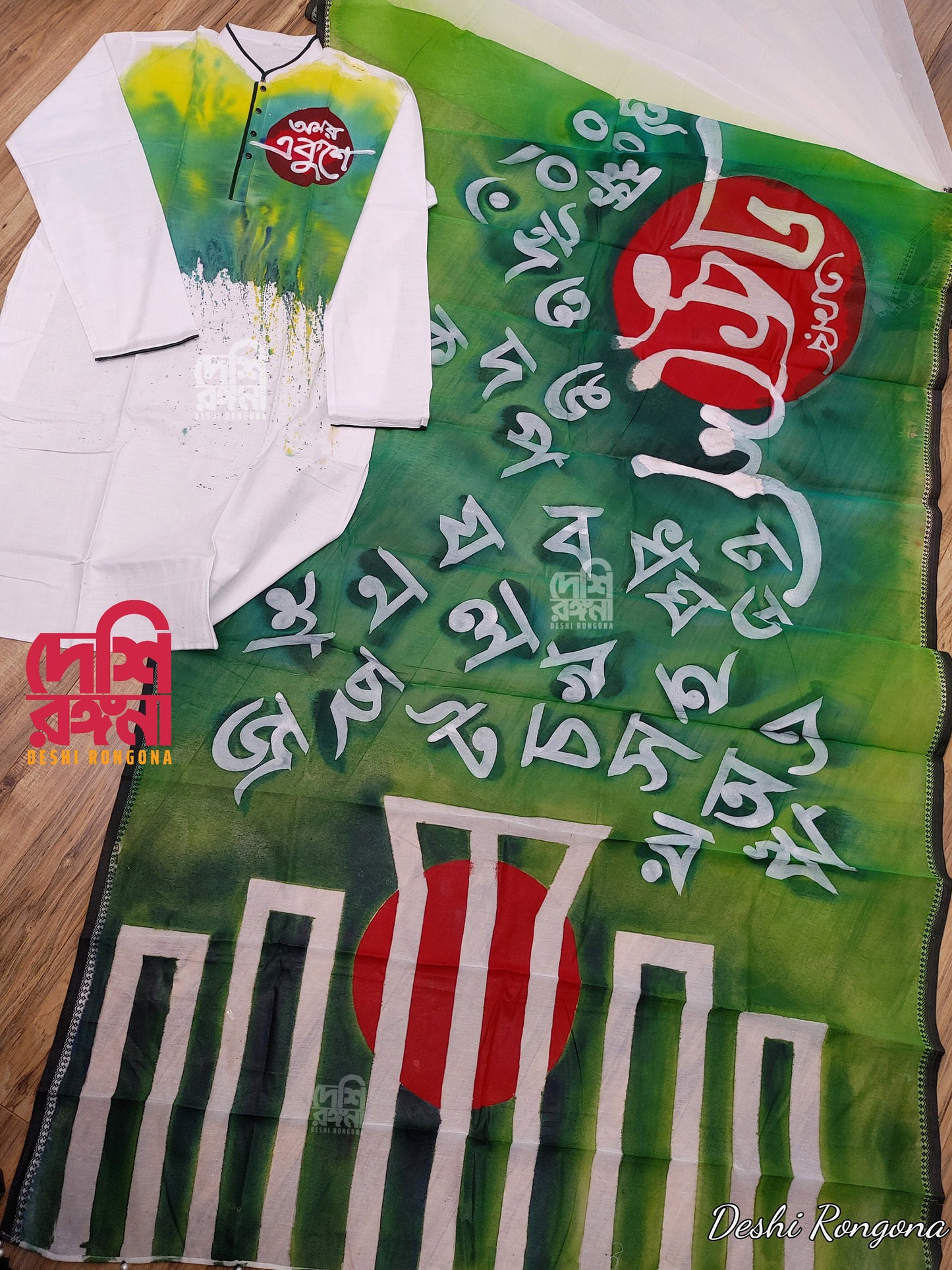 Ekush, Hand Painted Halfsilk Tangail Saree, Bangladeshi Ekushe theme, International Mother Language Day, Blouse, Matching Punjabi Available