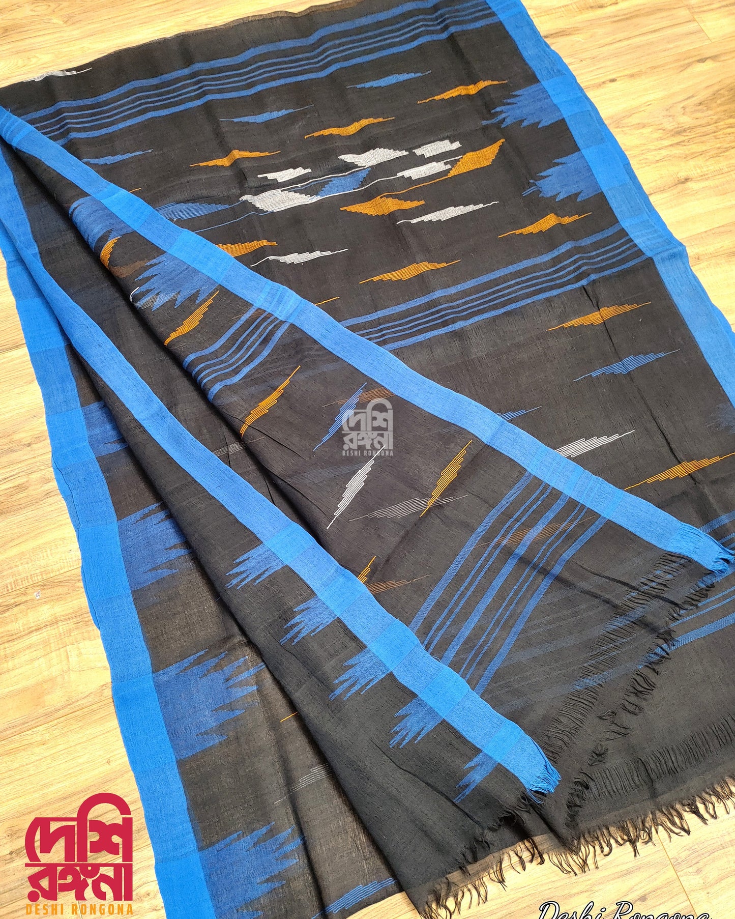 Sylheti Monipuri Cotton Saree – Black & Blue Handwoven
