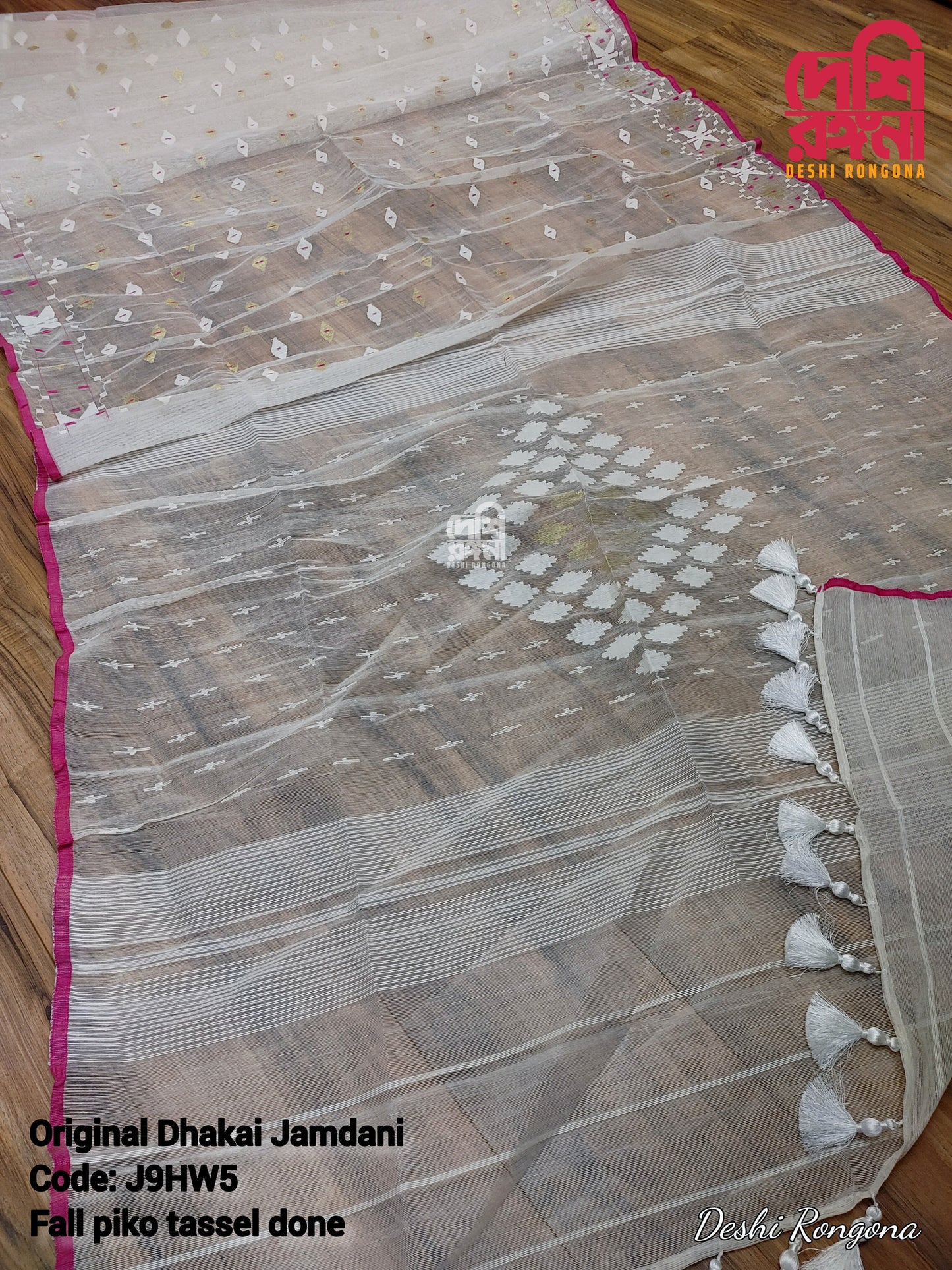 White‑Magenta Meenakari Dhakai Jamdani Saree