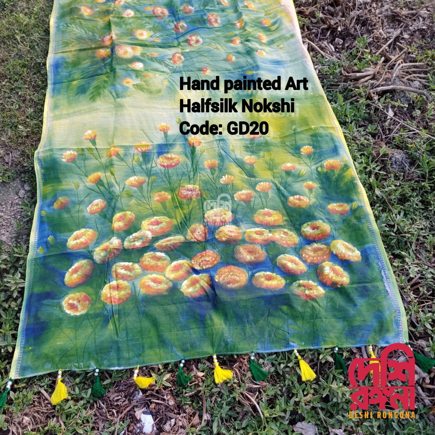 Marigold Garden Theme Tangail Saree, Handpainted Art, Soft Classy Saree, painted with water color, Halfsilk, Machine Washable, Piku Tassle