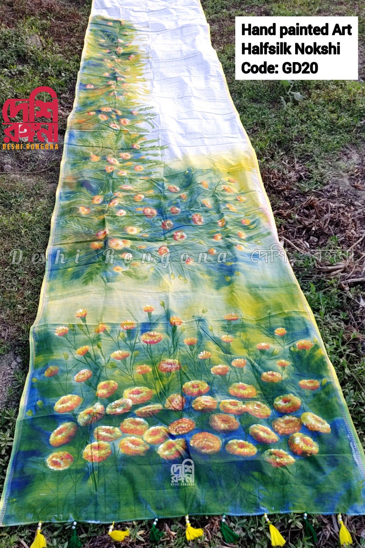 Marigold Garden Theme Tangail Saree, Handpainted Art, Soft Classy Saree, painted with water color, Halfsilk, Machine Washable, Piku Tassle