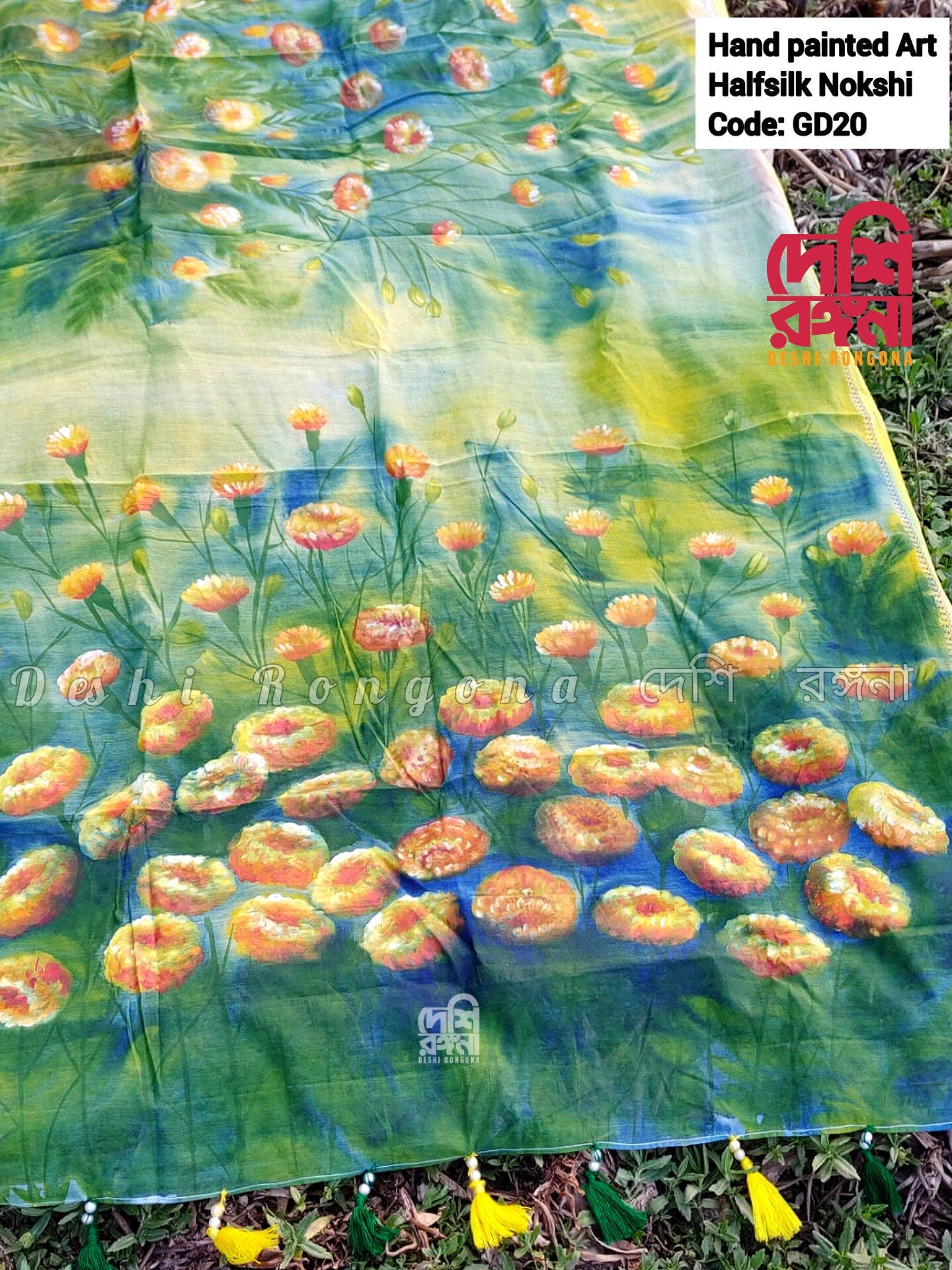 Marigold Garden Theme Tangail Saree, Handpainted Art, Soft Classy Saree, painted with water color, Halfsilk, Machine Washable, Piku Tassle