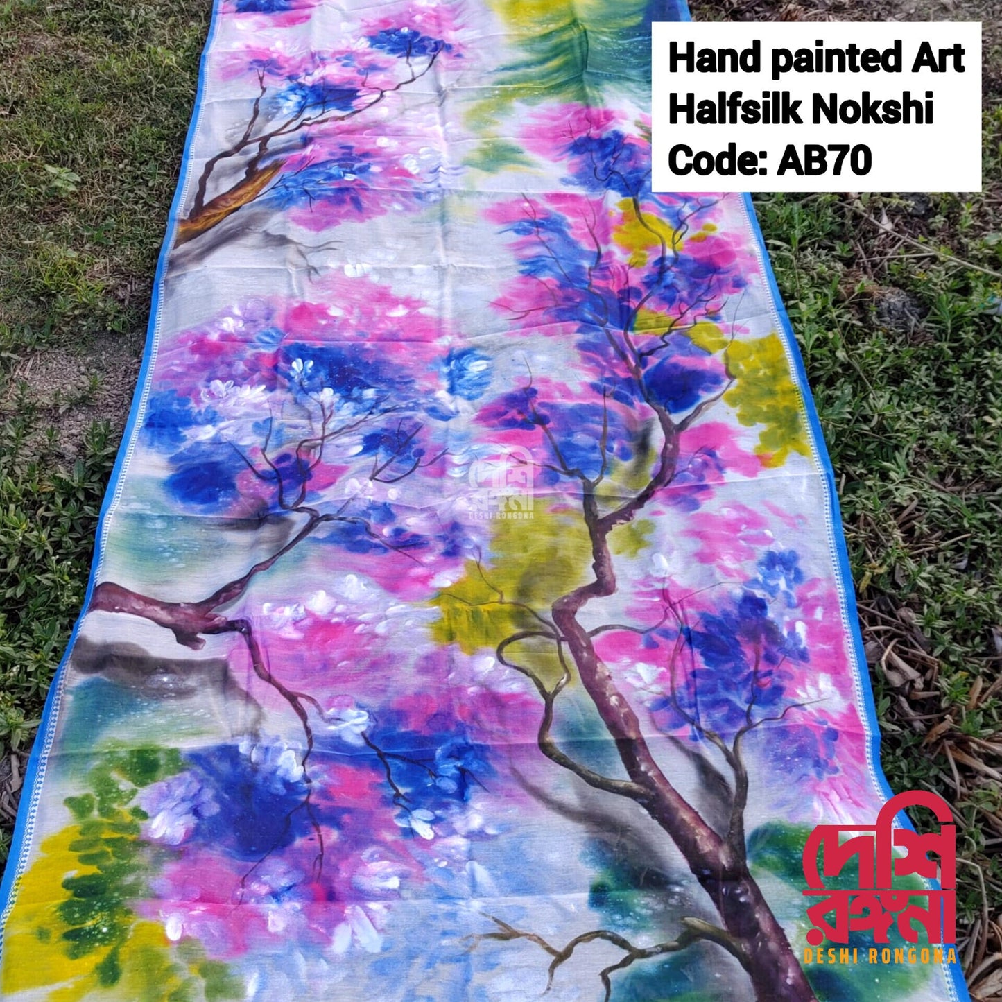 Abstract Watercolor Tangail Saree – Handpainted Half Silk with Piku Tassel, Machine Washable