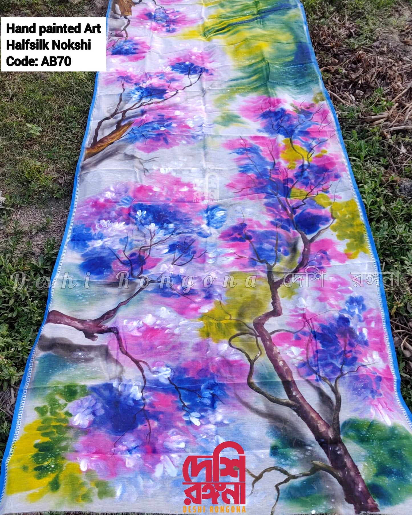 Abstract Watercolor Tangail Saree – Handpainted Half Silk with Piku Tassel, Machine Washable