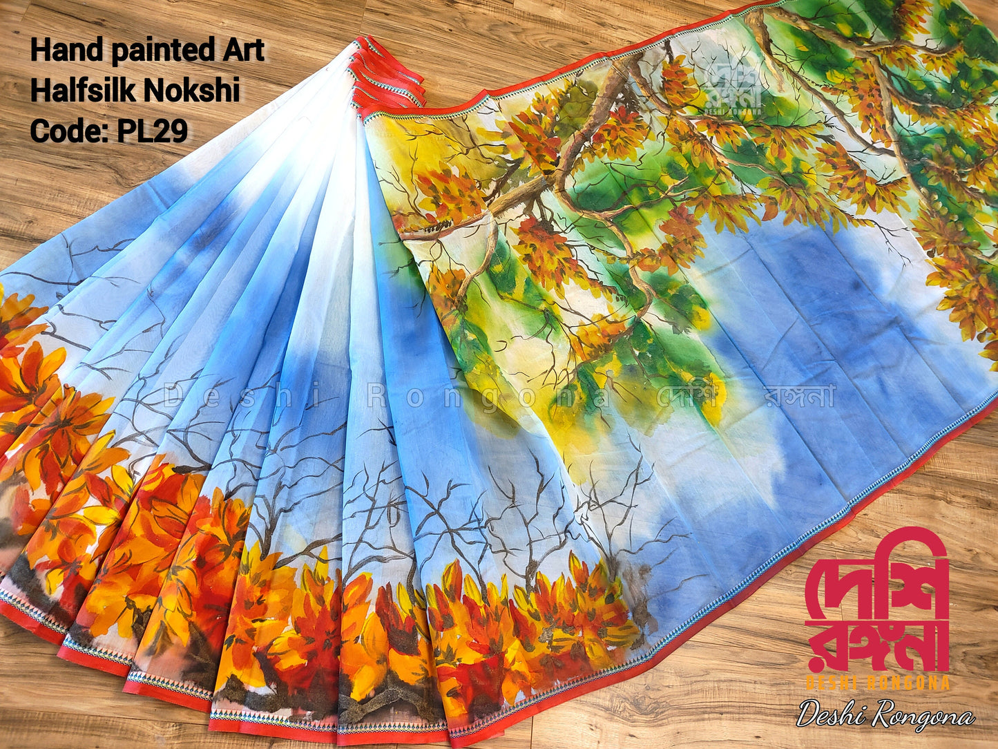 Butea Bloom Nokshi Saree – Handpainted Halfsilk