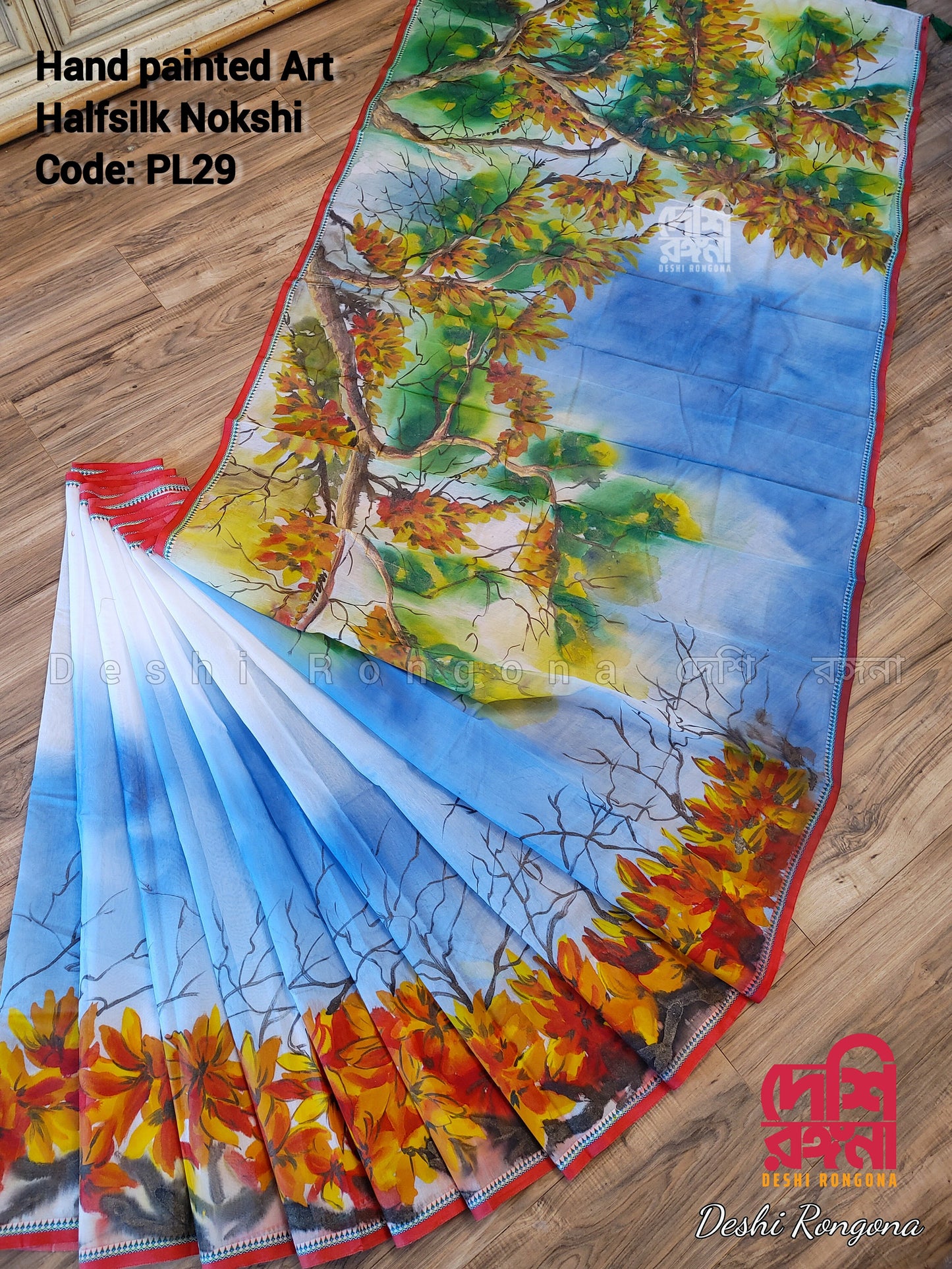 Butea Bloom Nokshi Saree – Handpainted Halfsilk