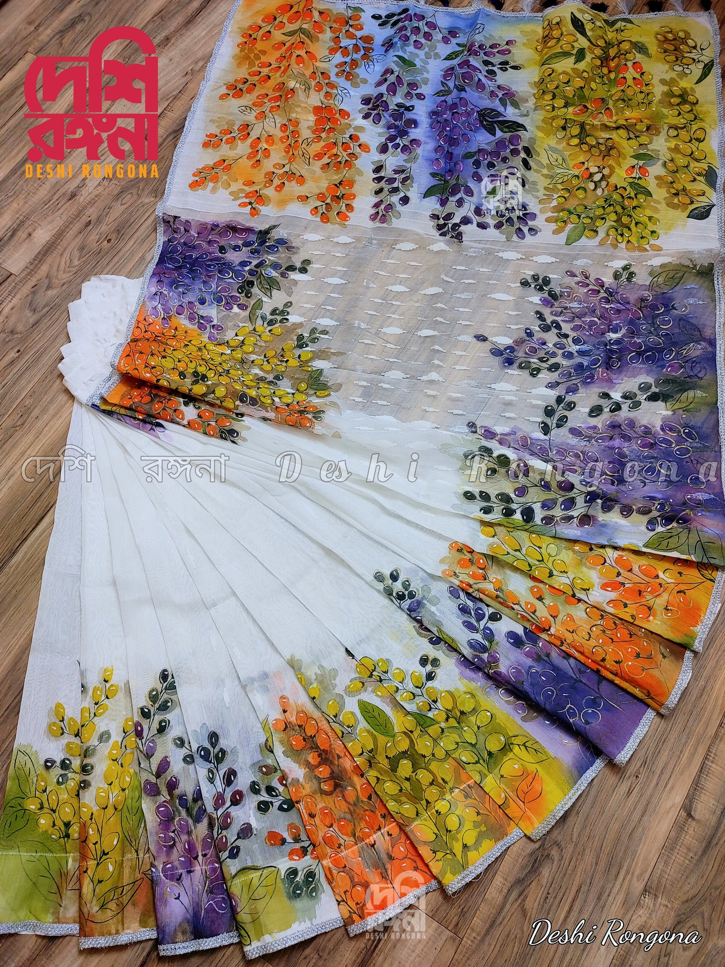 Original Dhakai Jamdani Handpainted Saree, Golden Showers Theme, Feel Special with Bangladeshi Handmade Saree, Fall Piko, Lace Tassel done