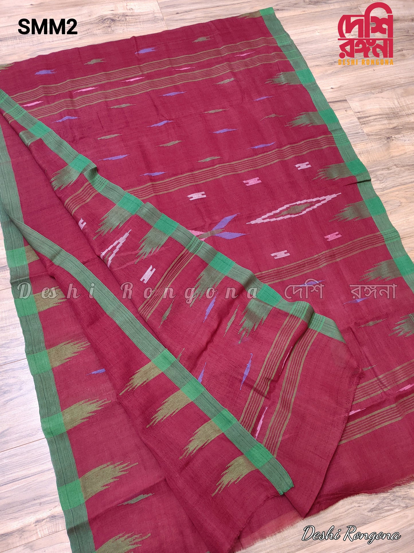 Sylheti Monipuri Handwoven Cotton Saree – Maroon & Green