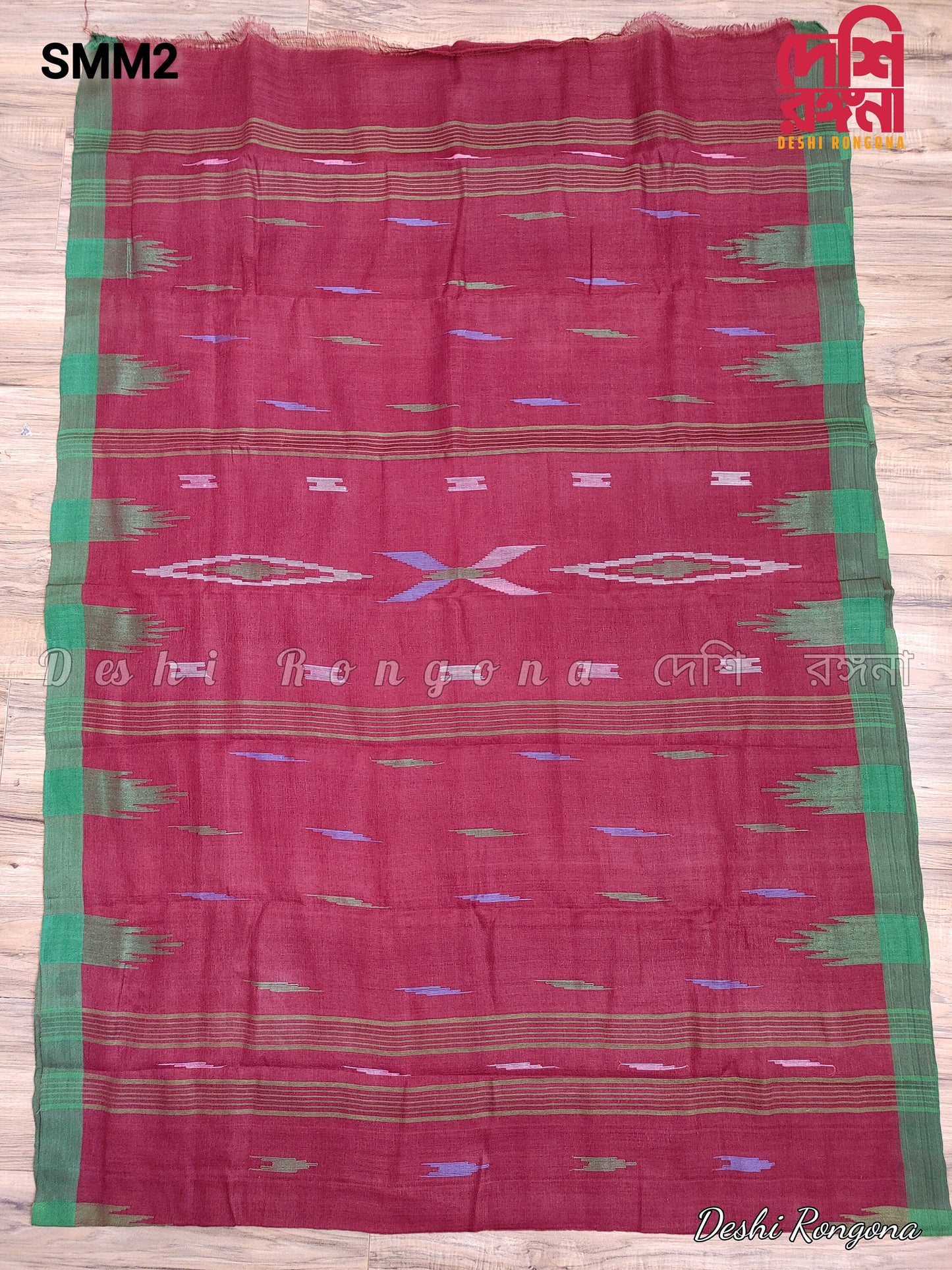 Sylheti Monipuri Handwoven Cotton Saree – Maroon & Green