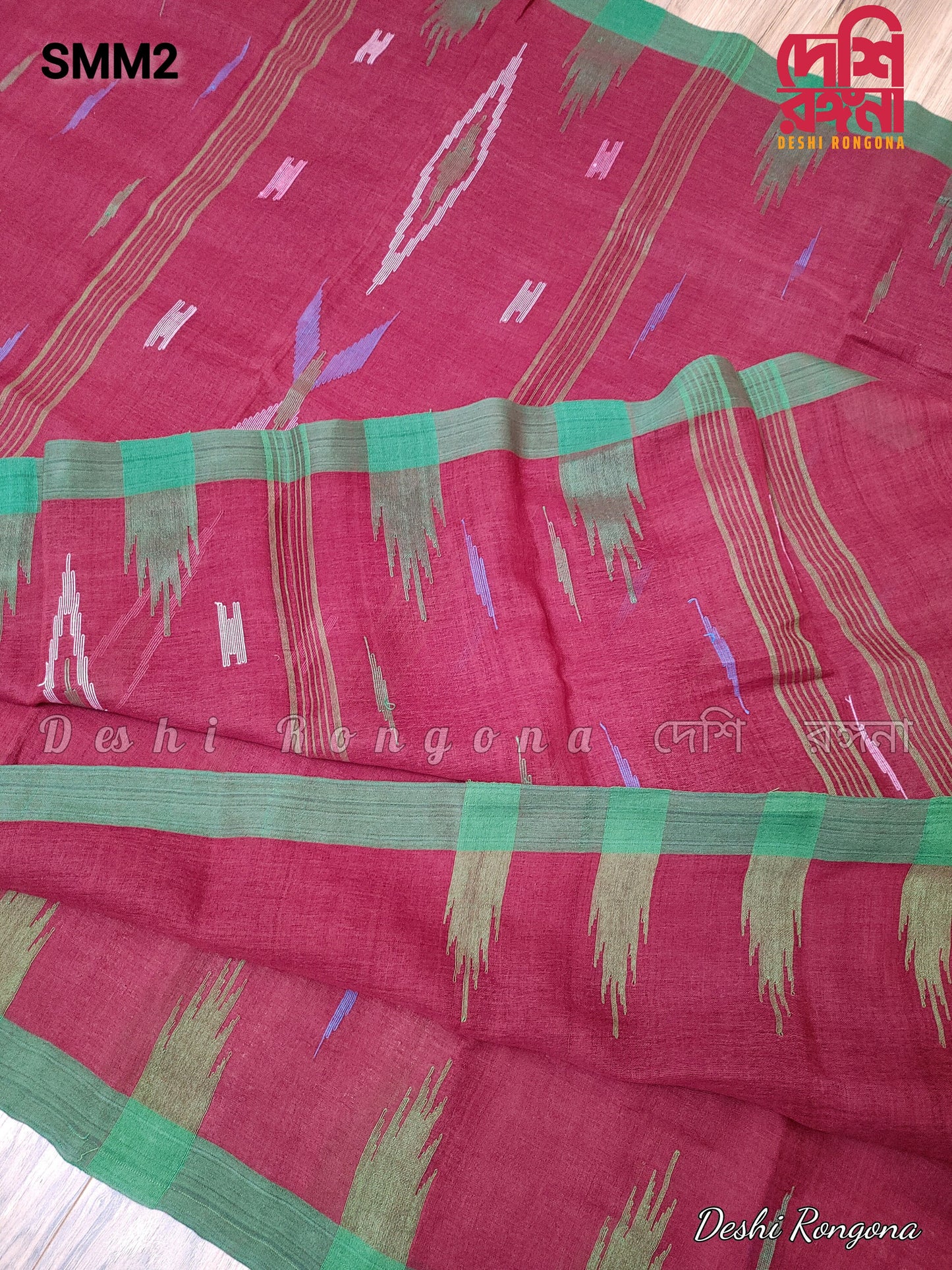 Sylheti Monipuri Handwoven Cotton Saree – Maroon & Green