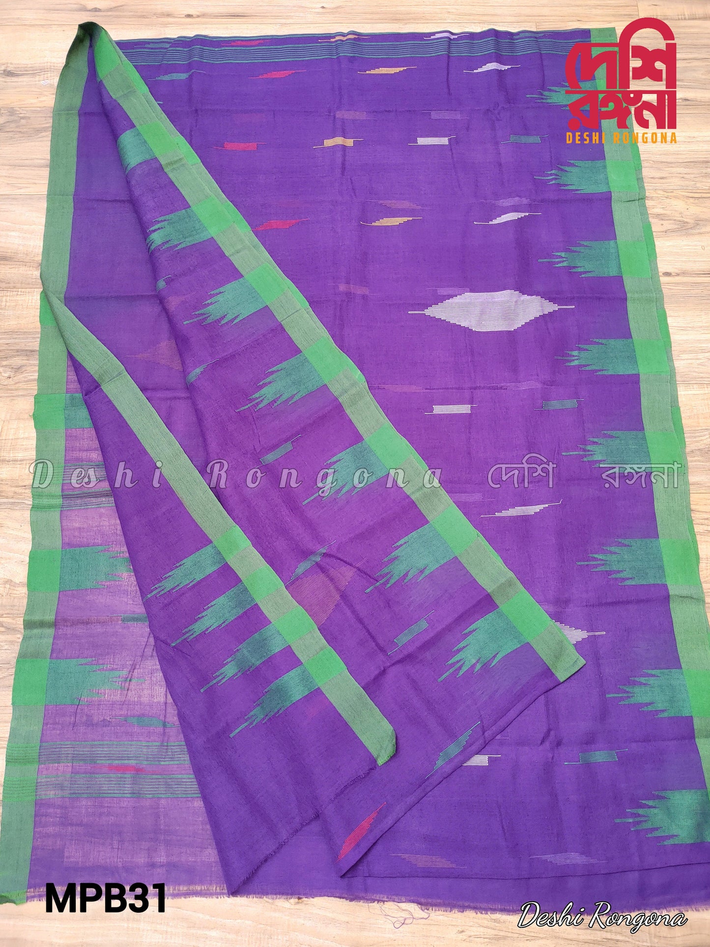 Sylheti Monipuri Handwoven Saree – Purple & Green Border