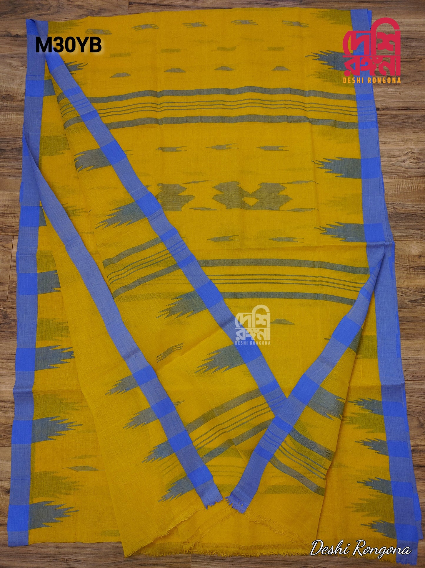 Sylheti Monipuri Handwoven Yellow Cotton Saree with Blue Border