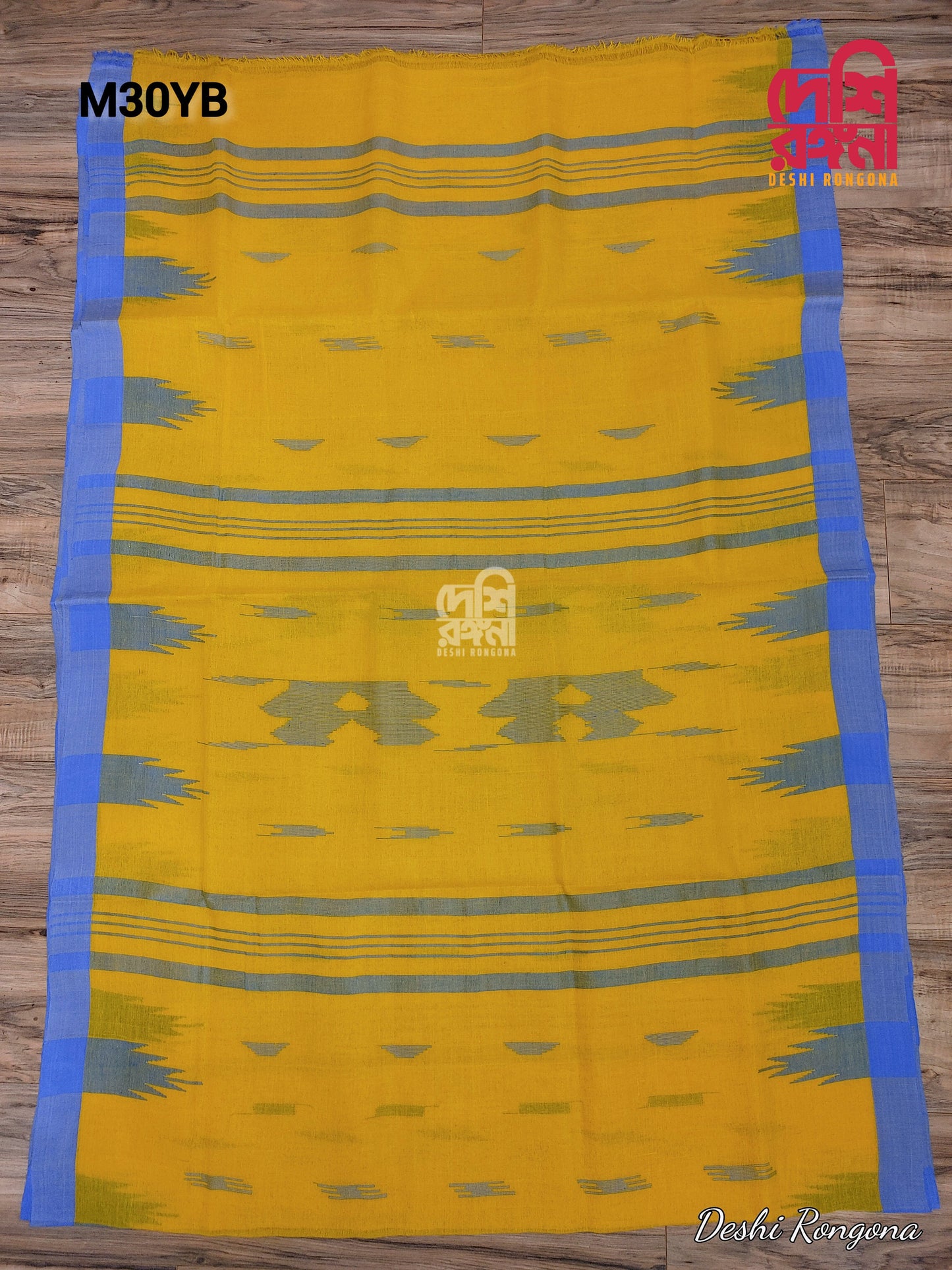 Sylheti Monipuri Handwoven Yellow Cotton Saree with Blue Border