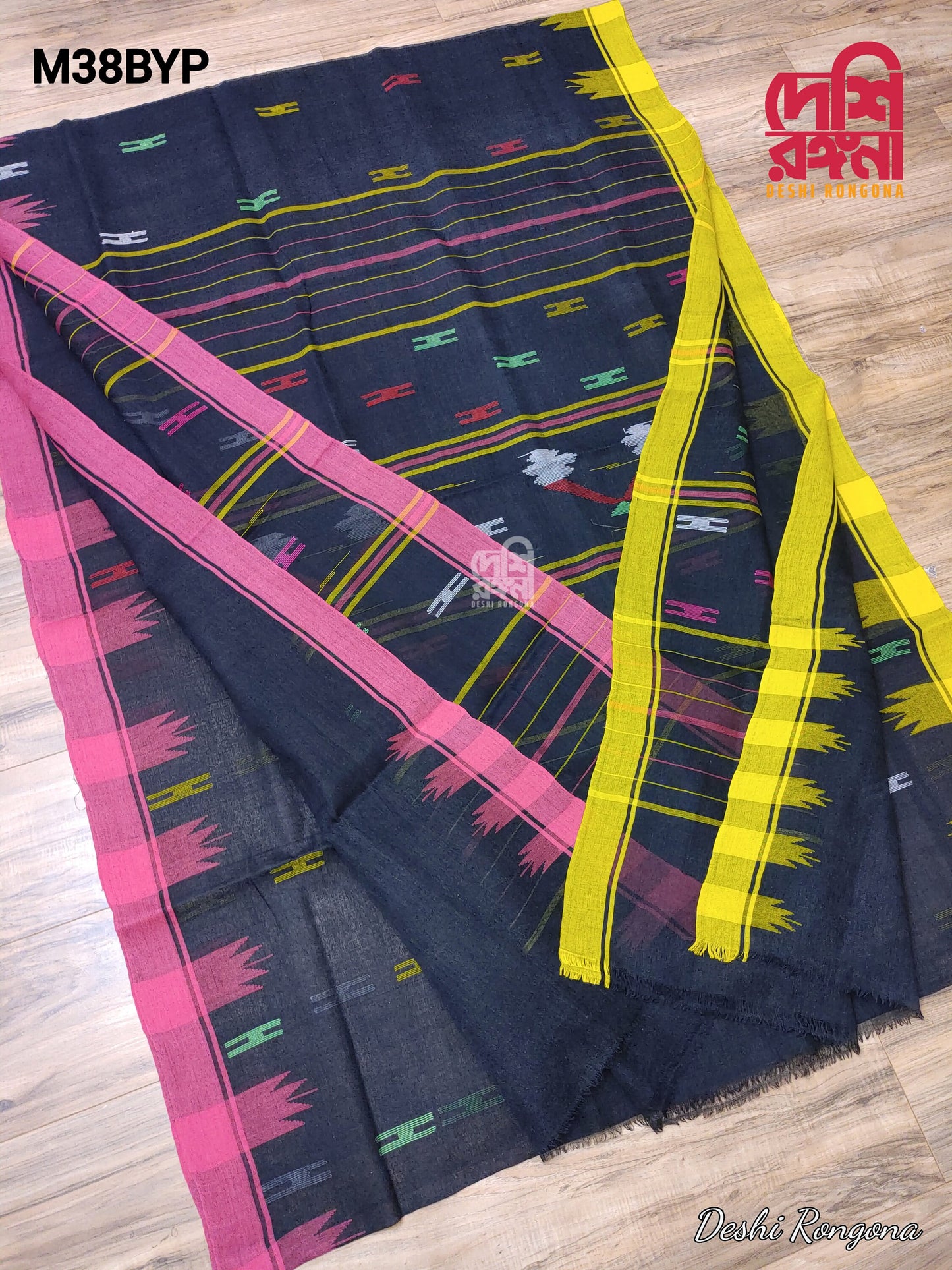 Sylheti Original Monipuri Handwoven Soft Cotton Saree, Black with Yellow/Pink Ganga Jamuna Woven Border,Bangladeshi,Traditional Saree