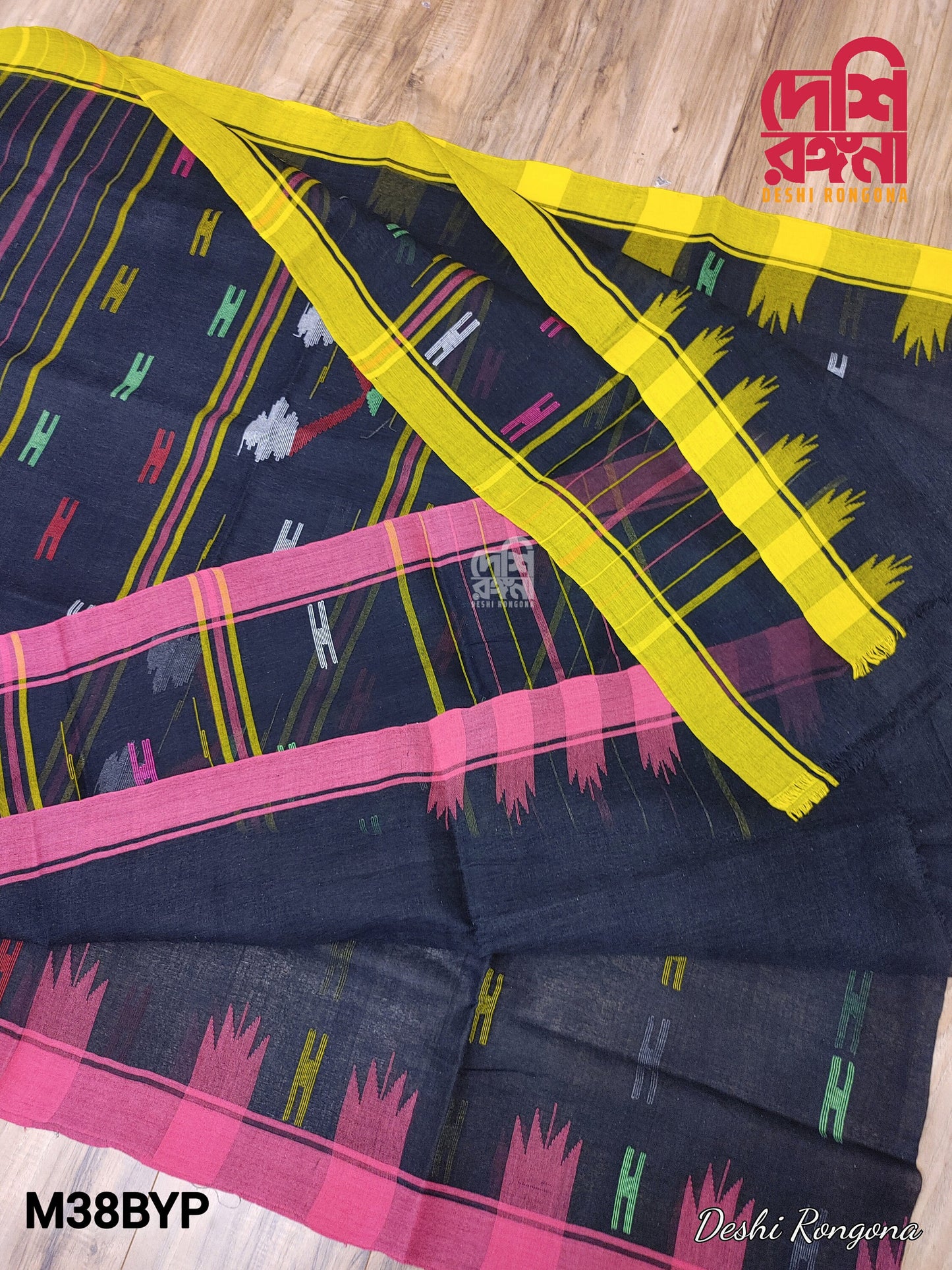 Sylheti Original Monipuri Handwoven Soft Cotton Saree, Black with Yellow/Pink Ganga Jamuna Woven Border,Bangladeshi,Traditional Saree
