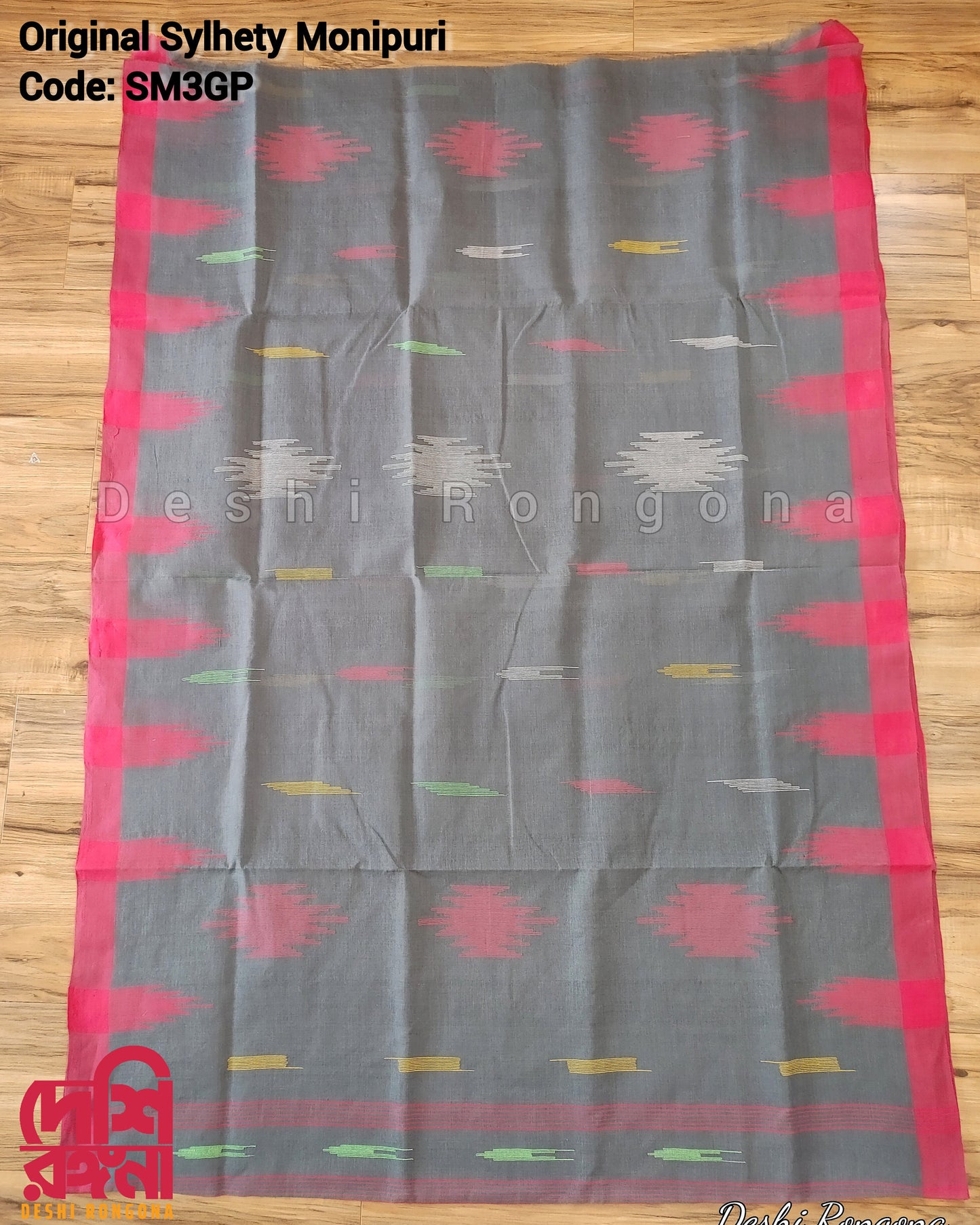 Sylheti Monipuri Handwoven Soft Cotton Saree – Gray & Pink Border