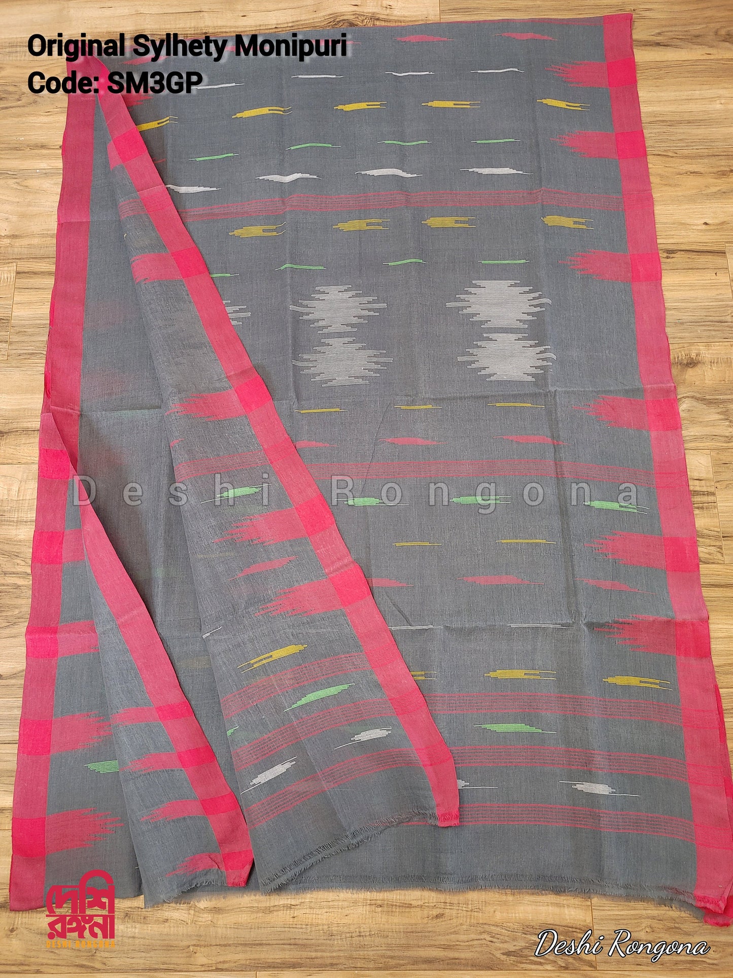 Sylheti Monipuri Handwoven Soft Cotton Saree – Gray & Pink Border