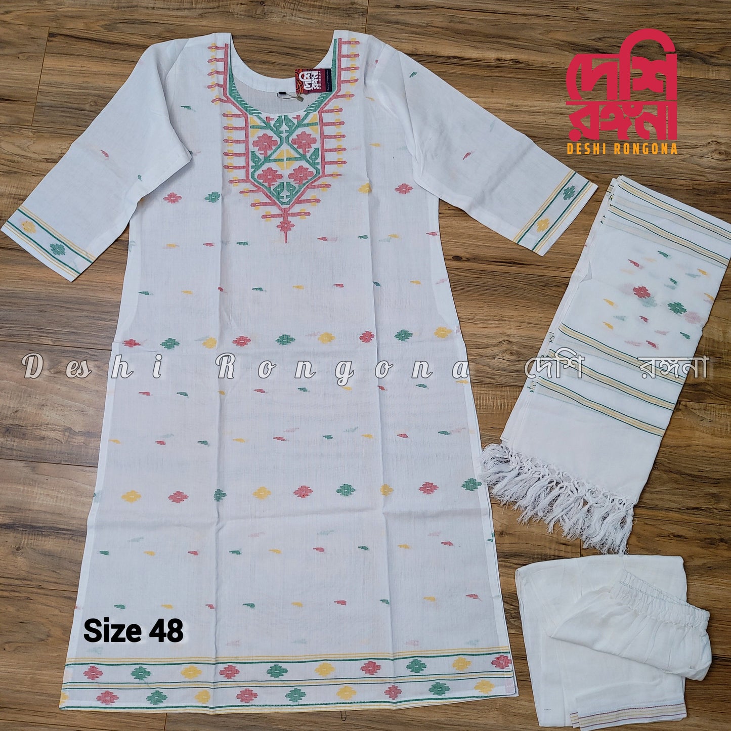 Handwoven White Dhakai Jamdani Cotton 3-Piece Set