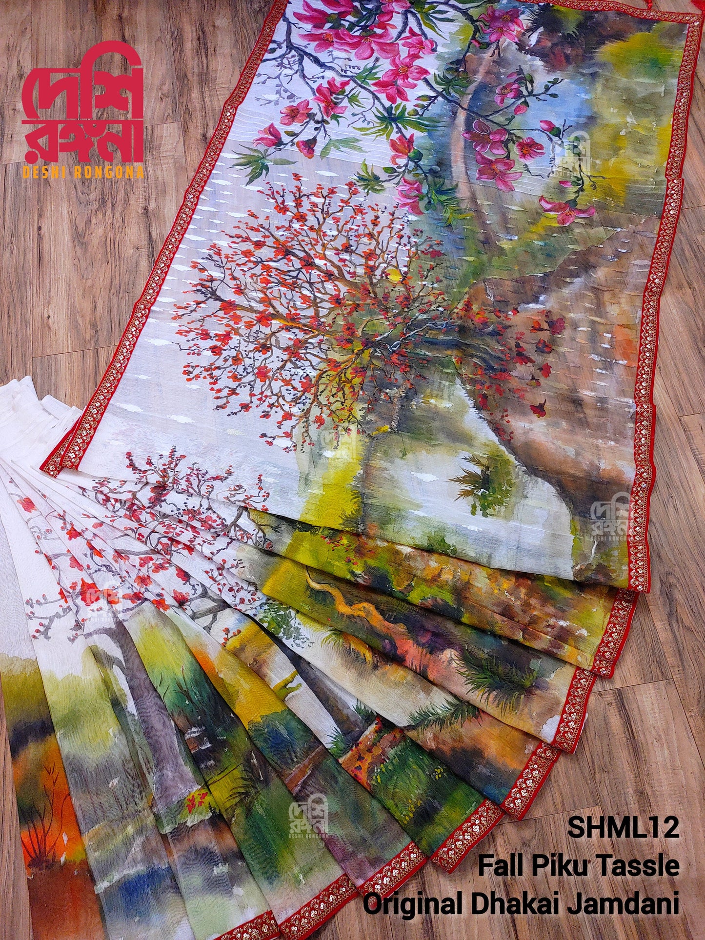 Original Dhakai Jamdani Handpainted Saree, Bombax Orchard Theme, Halfsilk, Bangladeshi Handmade Saree, Fall Piko, Velvet Lace, Tassel done