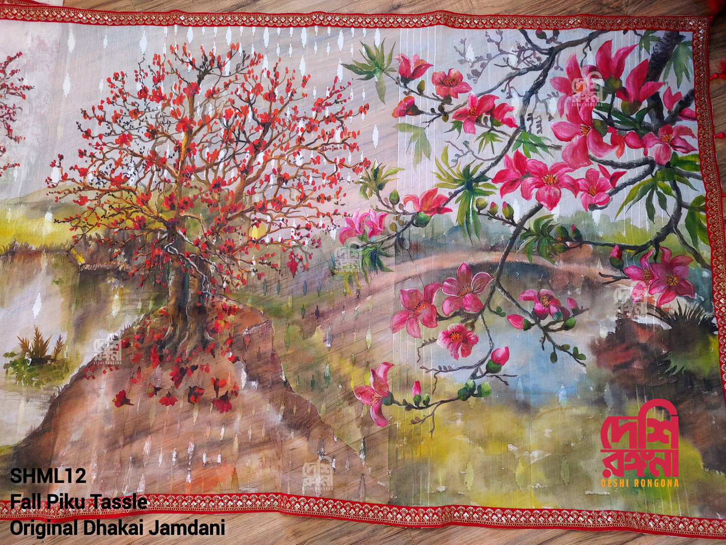 Original Dhakai Jamdani Handpainted Saree, Bombax Orchard Theme, Halfsilk, Bangladeshi Handmade Saree, Fall Piko, Velvet Lace, Tassel done