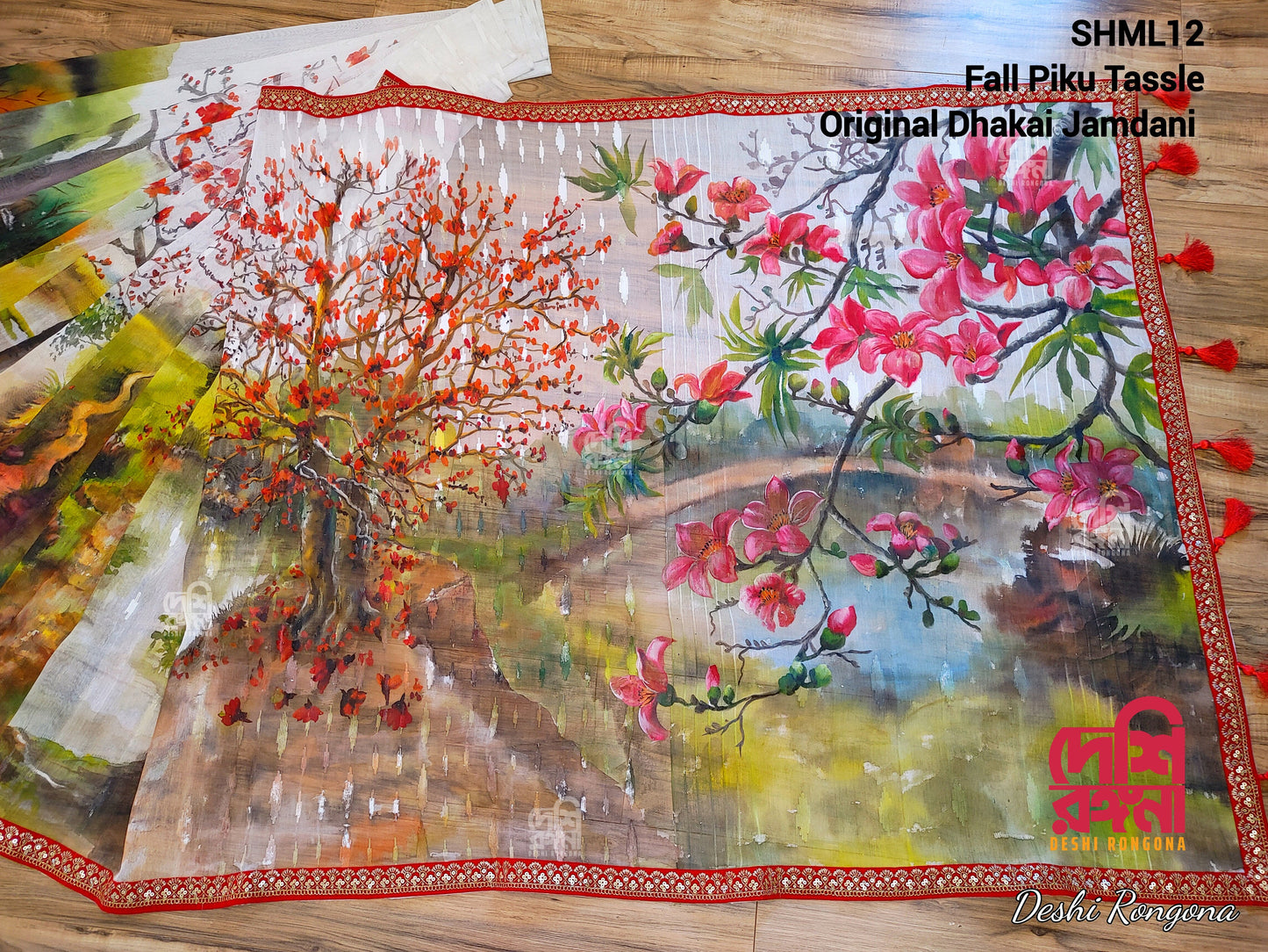 Original Dhakai Jamdani Handpainted Saree, Bombax Orchard Theme, Halfsilk, Bangladeshi Handmade Saree, Fall Piko, Velvet Lace, Tassel done