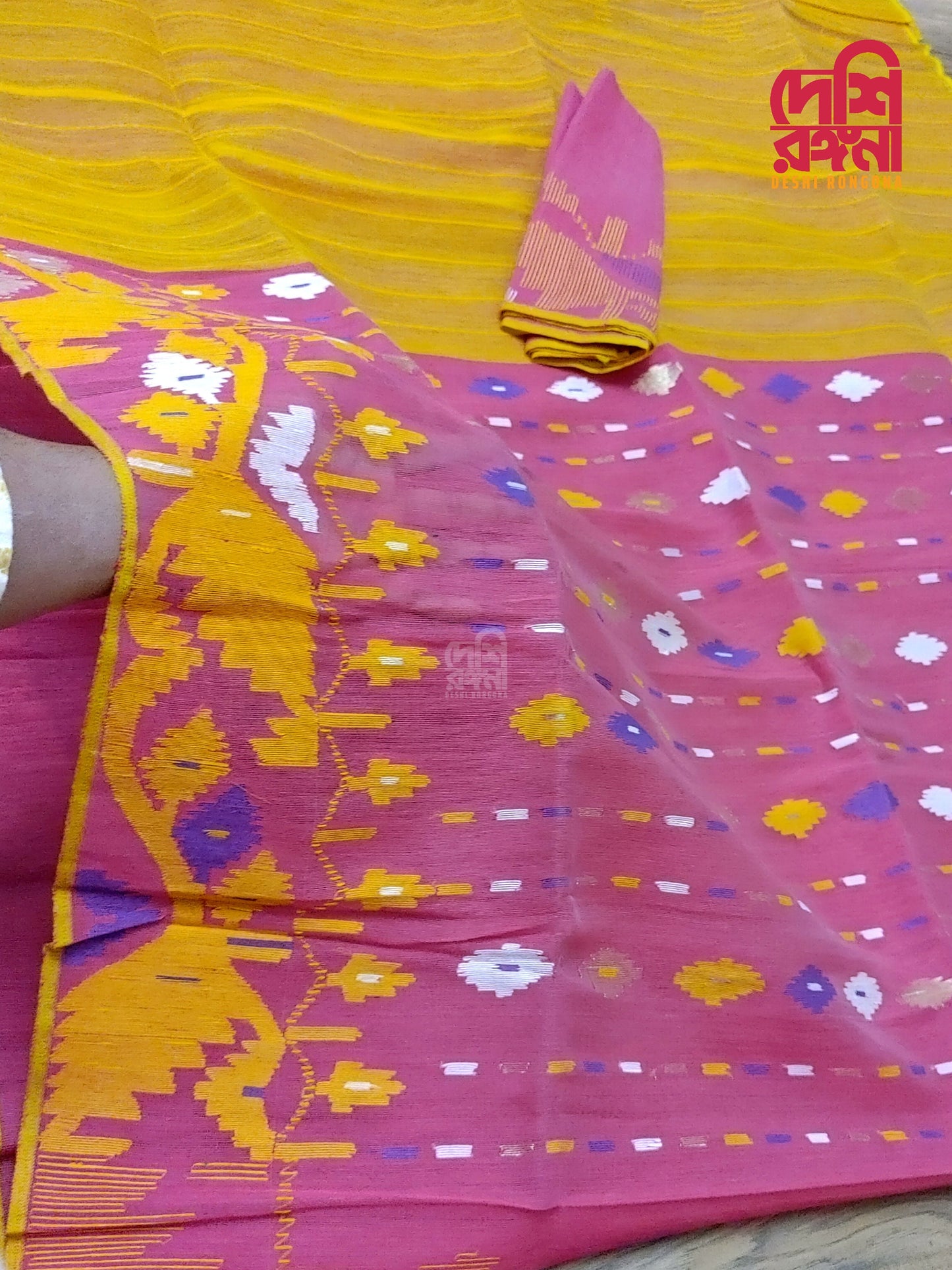 Original Dhakai Jamdani Saree, Magenta and Yellow contrast, Halfsilk, Handwoven 4O count thread, Traditional Classy Saree, Fall Piko Done