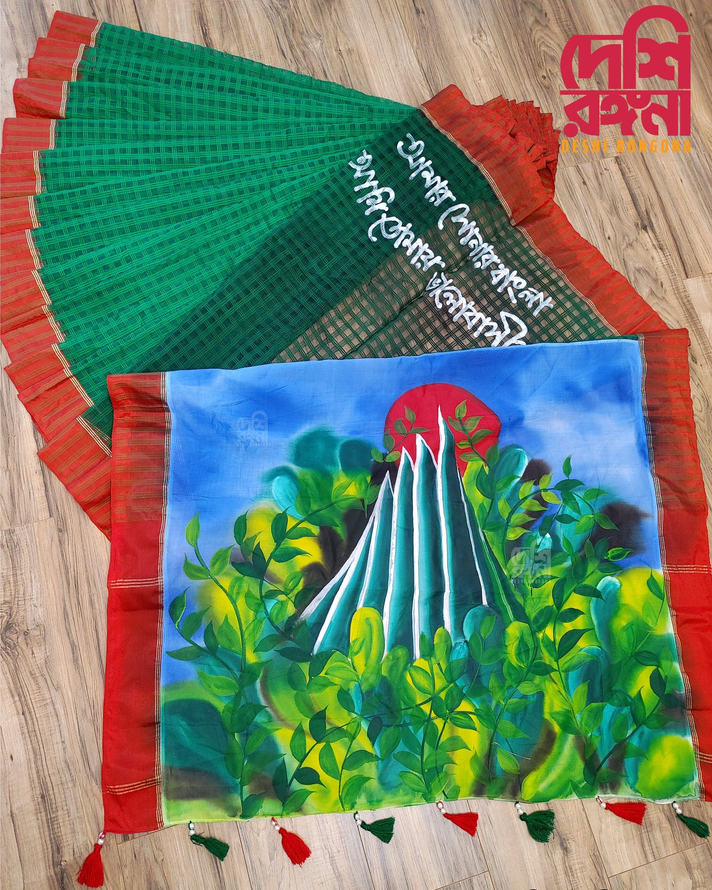 Bijoy, Hand Painted Halfsilk Saree, Bangladesh Bijoy theme, Blouse, Matching Punjabi Available