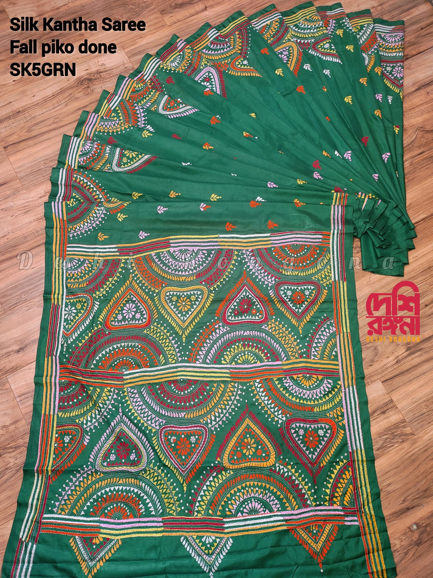 Extraordinary Hand Stiched Kantha Saree, Green Bangalore Silk with Multi color Kantha Works, Fall piko done, Blouse PC, Elegant,Classy Saree