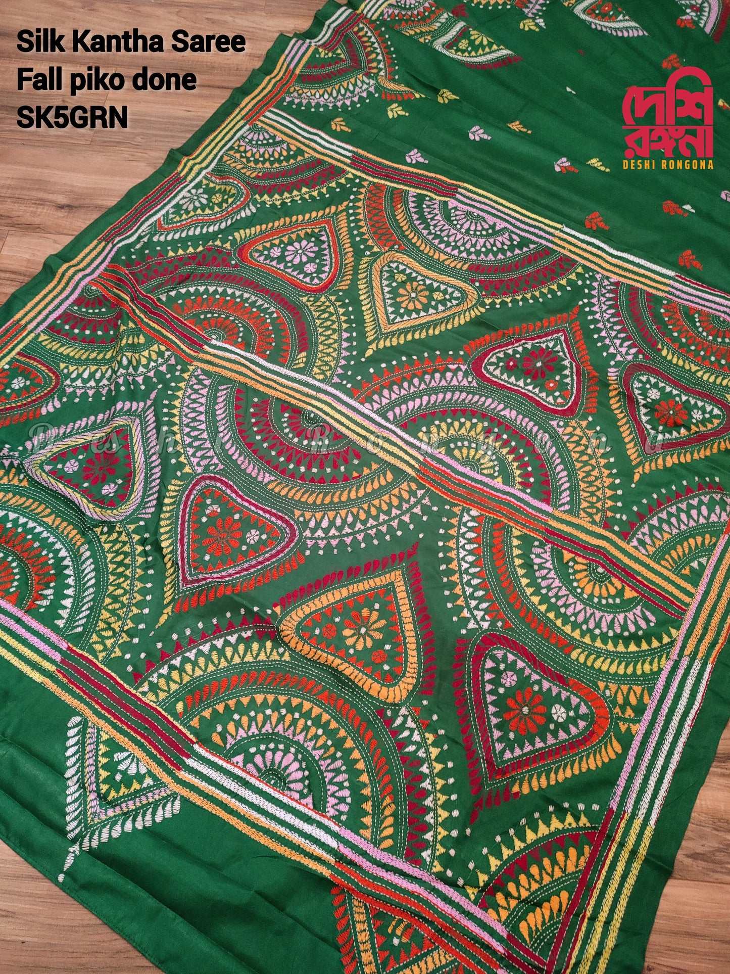 Extraordinary Hand Stiched Kantha Saree, Green Bangalore Silk with Multi color Kantha Works, Fall piko done, Blouse PC, Elegant,Classy Saree