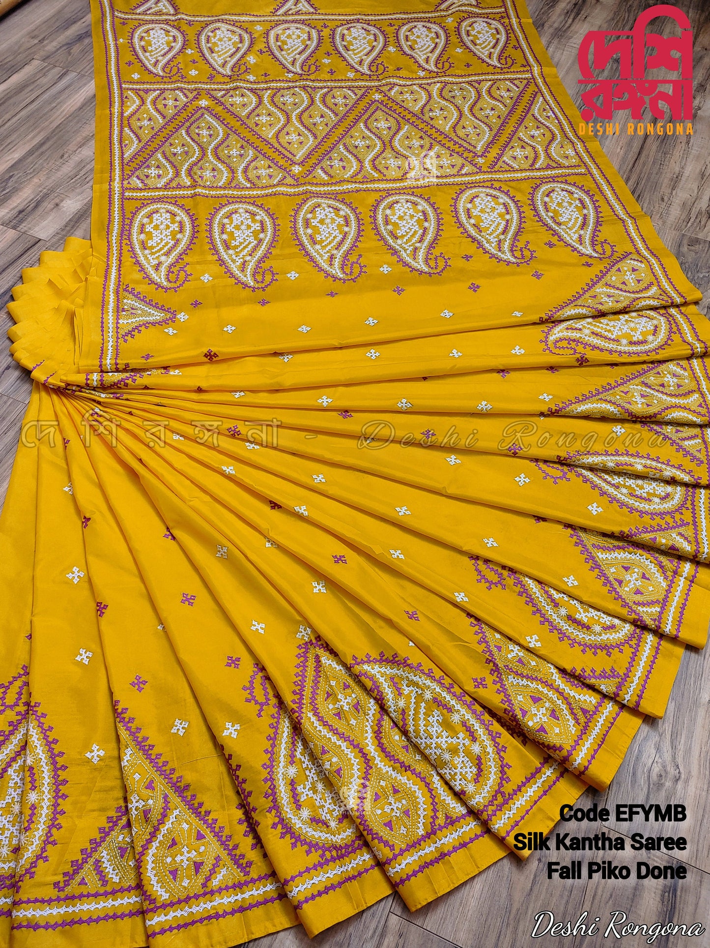 Extraordinary Hand Stiched Kantha Saree, Yellow Bangalore Silk with Purple Gujrati Kantha Works, Fall piko done, Unstitched Blouse piece