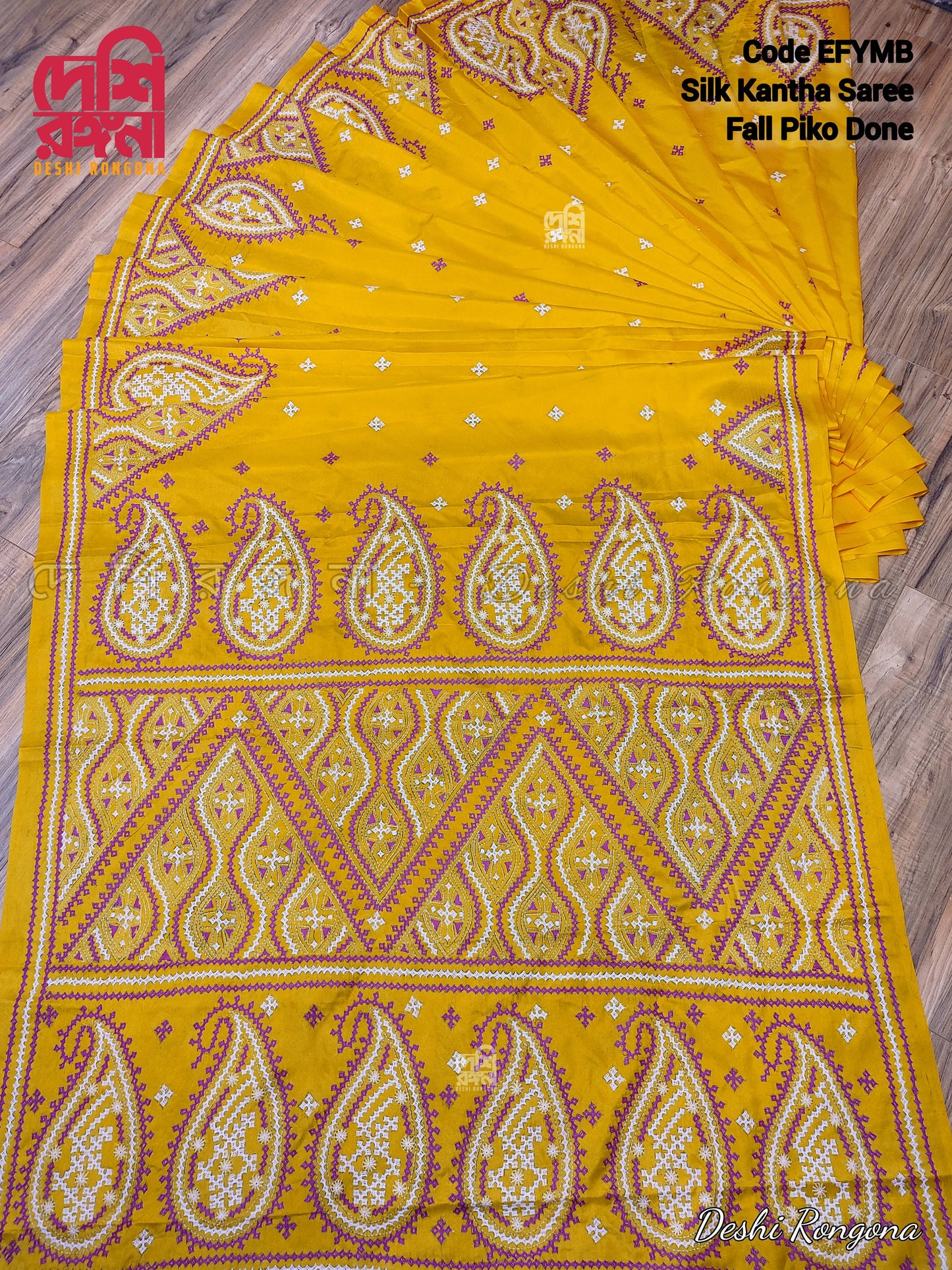 Extraordinary Hand Stiched Kantha Saree, Yellow Bangalore Silk with Purple Gujrati Kantha Works, Fall piko done, Unstitched Blouse piece