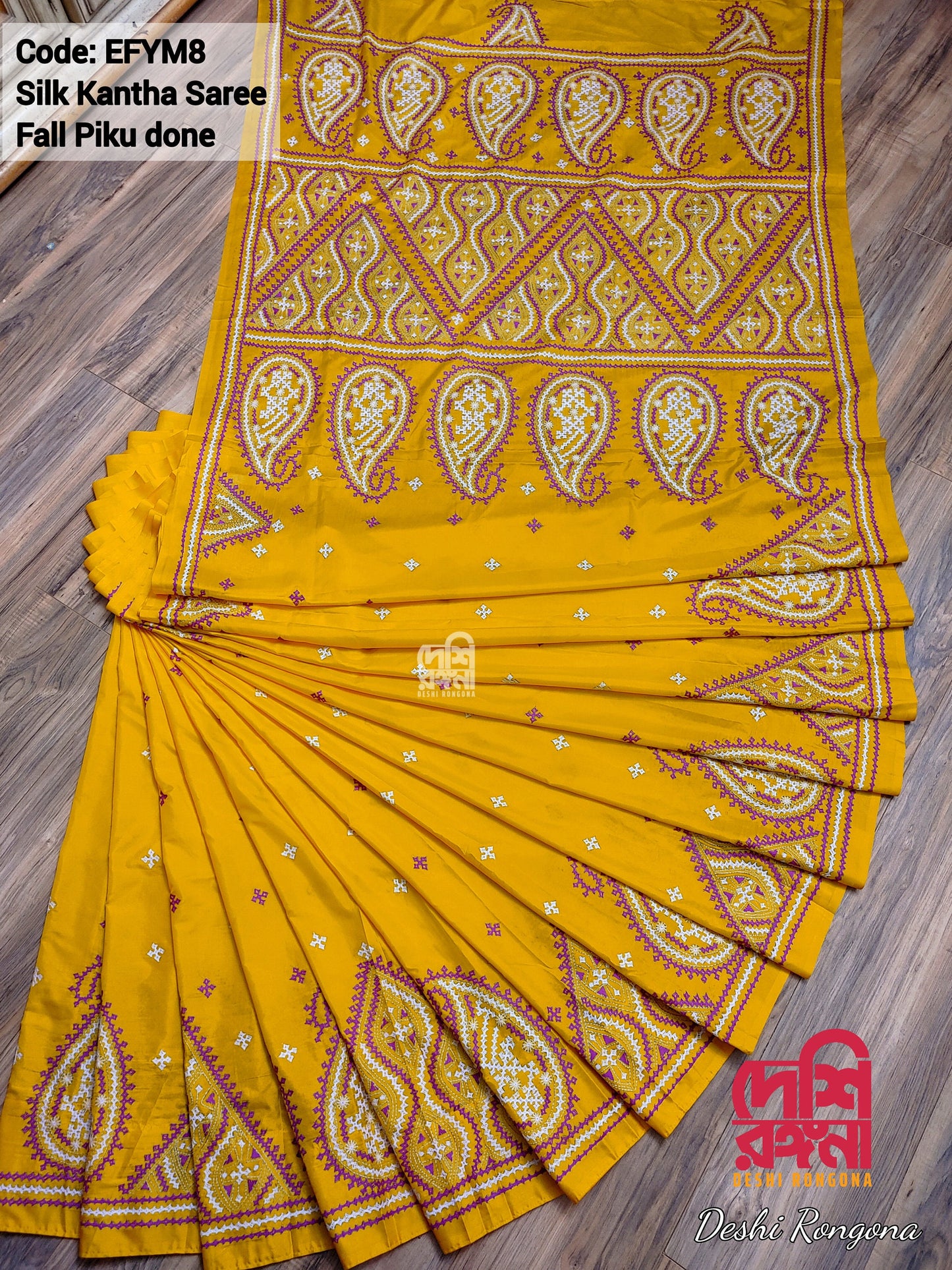 Extraordinary Hand Stiched Kantha Saree, Yellow Bangalore Silk with Purple Gujrati Kantha Works, Fall piko done, Unstitched Blouse piece