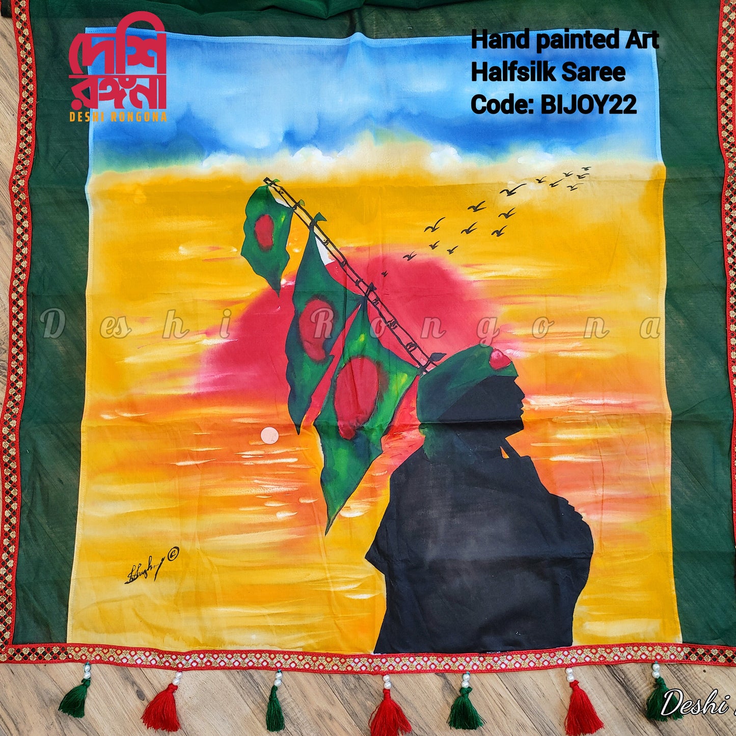 Shadhinota, Hand Painted Halfsilk Saree, Exclusive Artwork on Bangladesh Independence Day Theme, Blouse and Matching Punjabi Available