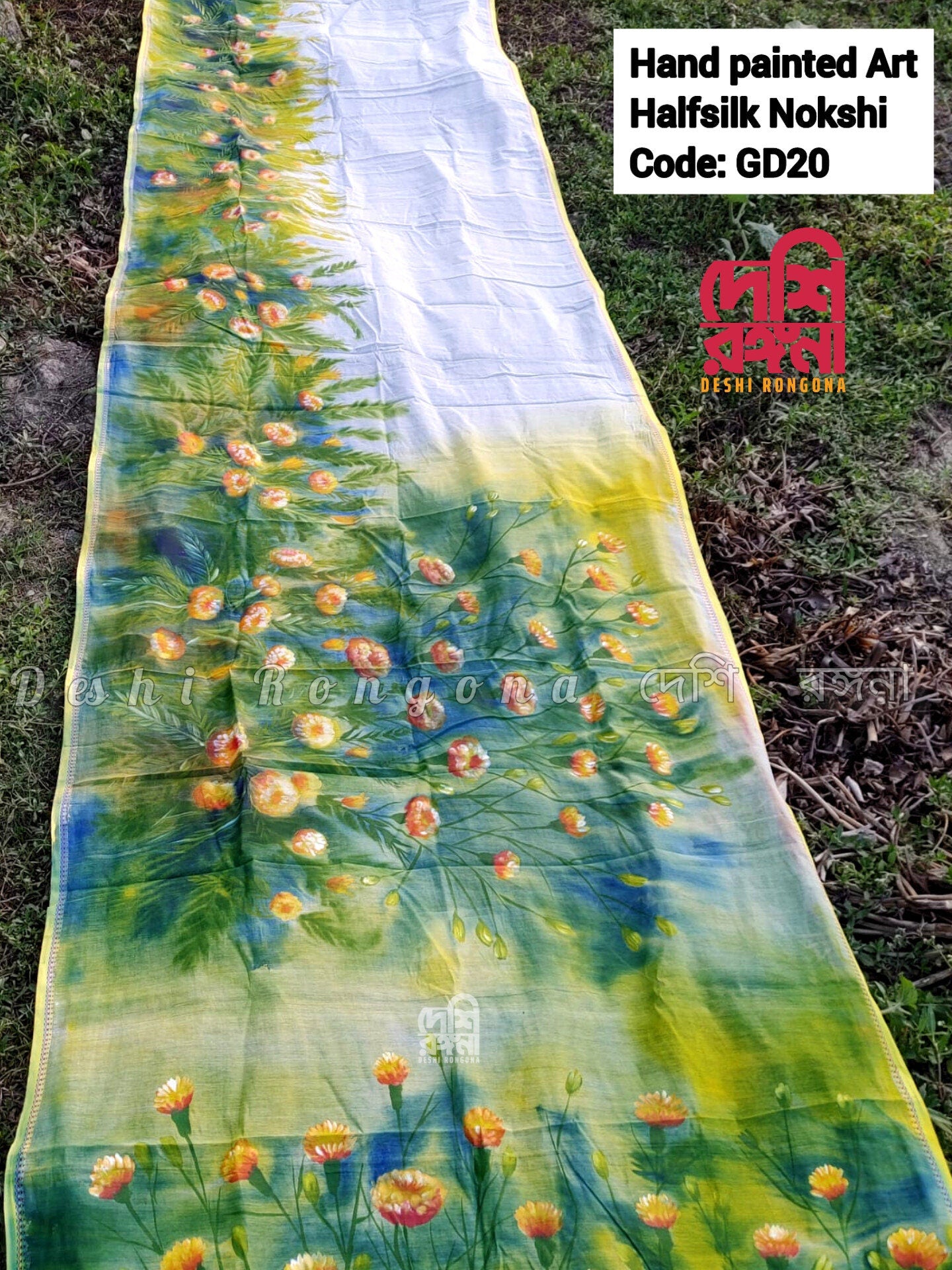 Marigold Garden Theme Tangail Saree, Handpainted Art, Soft Classy Saree, painted with water color, Halfsilk, Machine Washable, Piku Tassle
