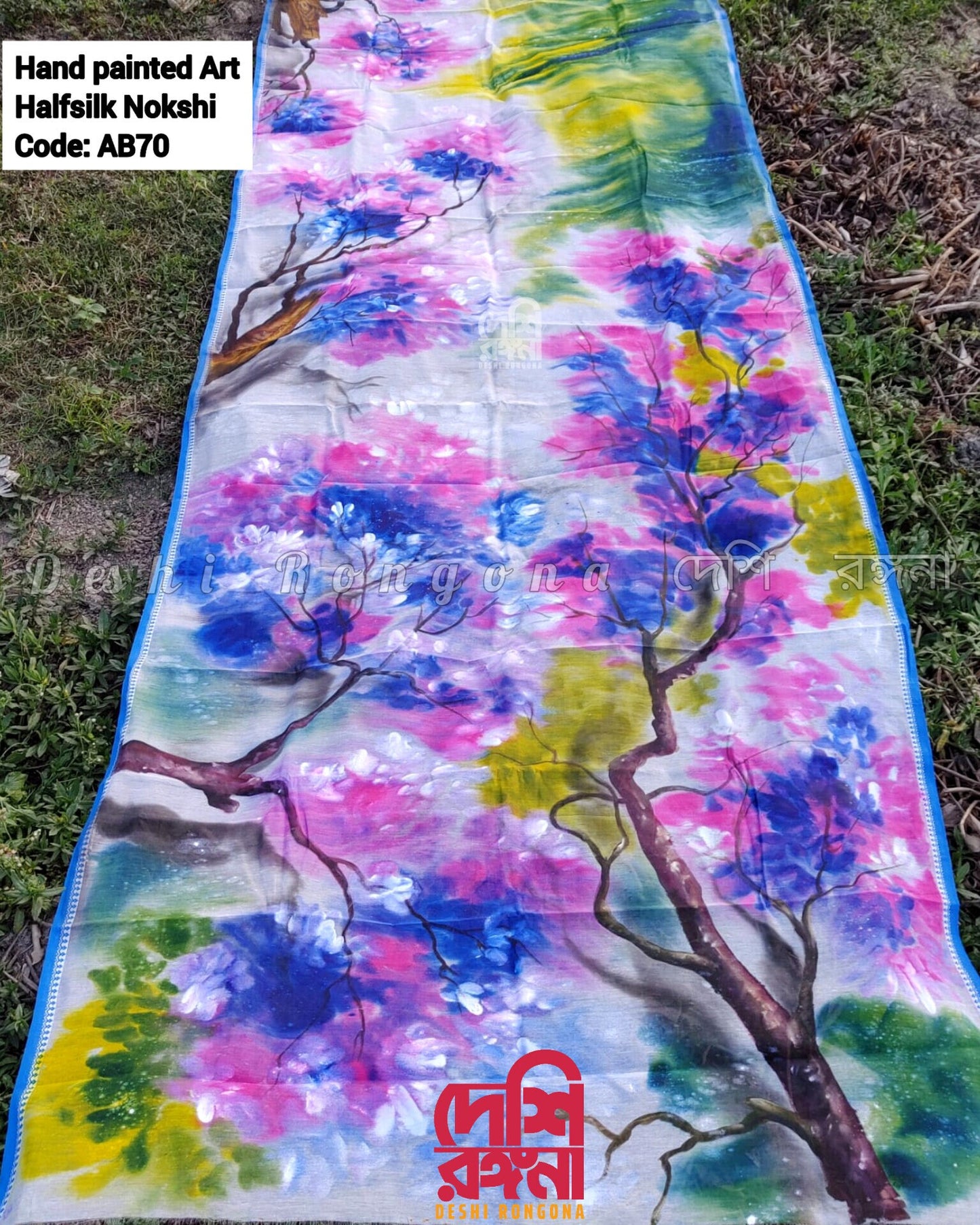 Abstract Watercolor Tangail Saree – Handpainted Half Silk with Piku Tassel, Machine Washable