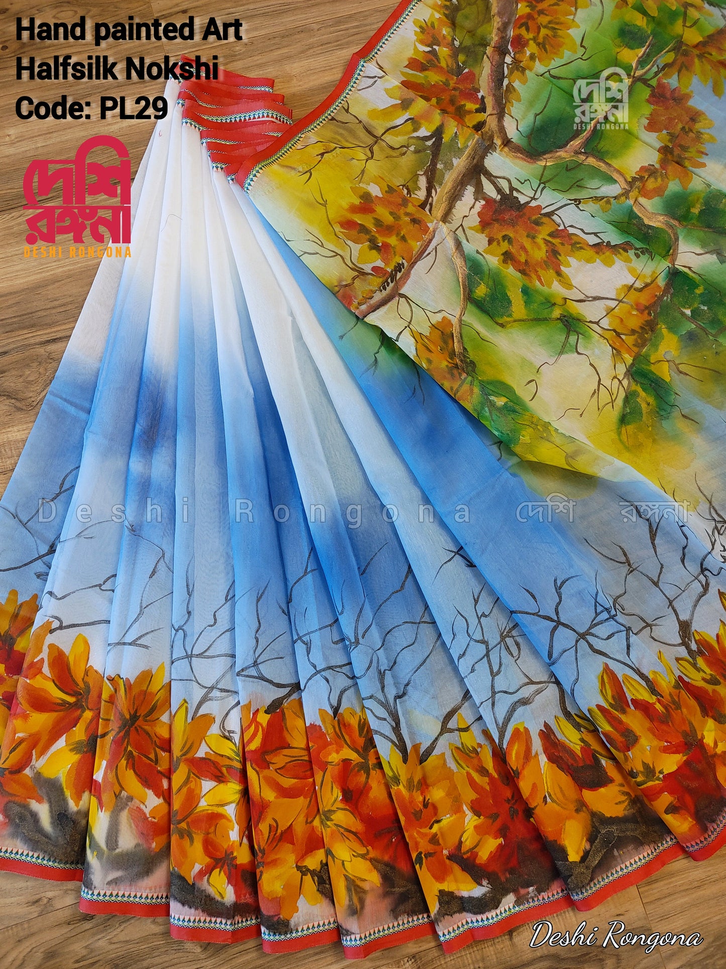 Butea Bloom Nokshi Saree – Handpainted Halfsilk