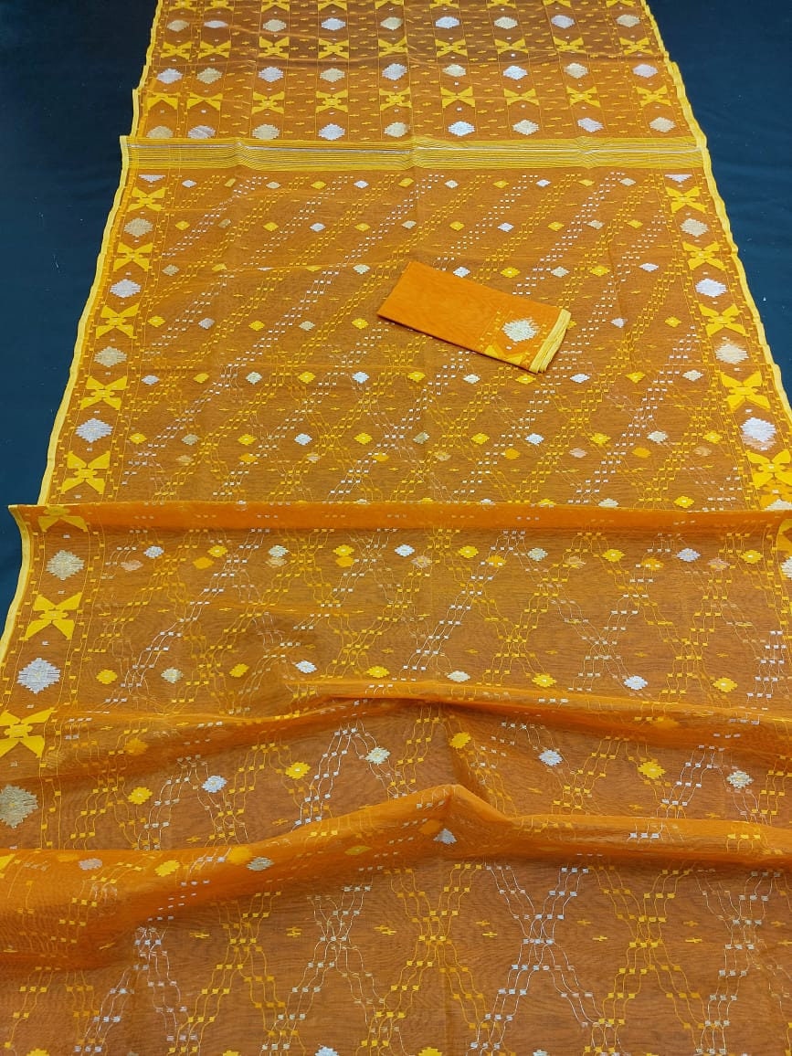 Elegant Orange Dhakai Jamdani Saree - Handloom Classic