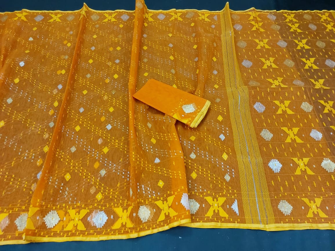 Elegant Orange Dhakai Jamdani Saree - Handloom Classic