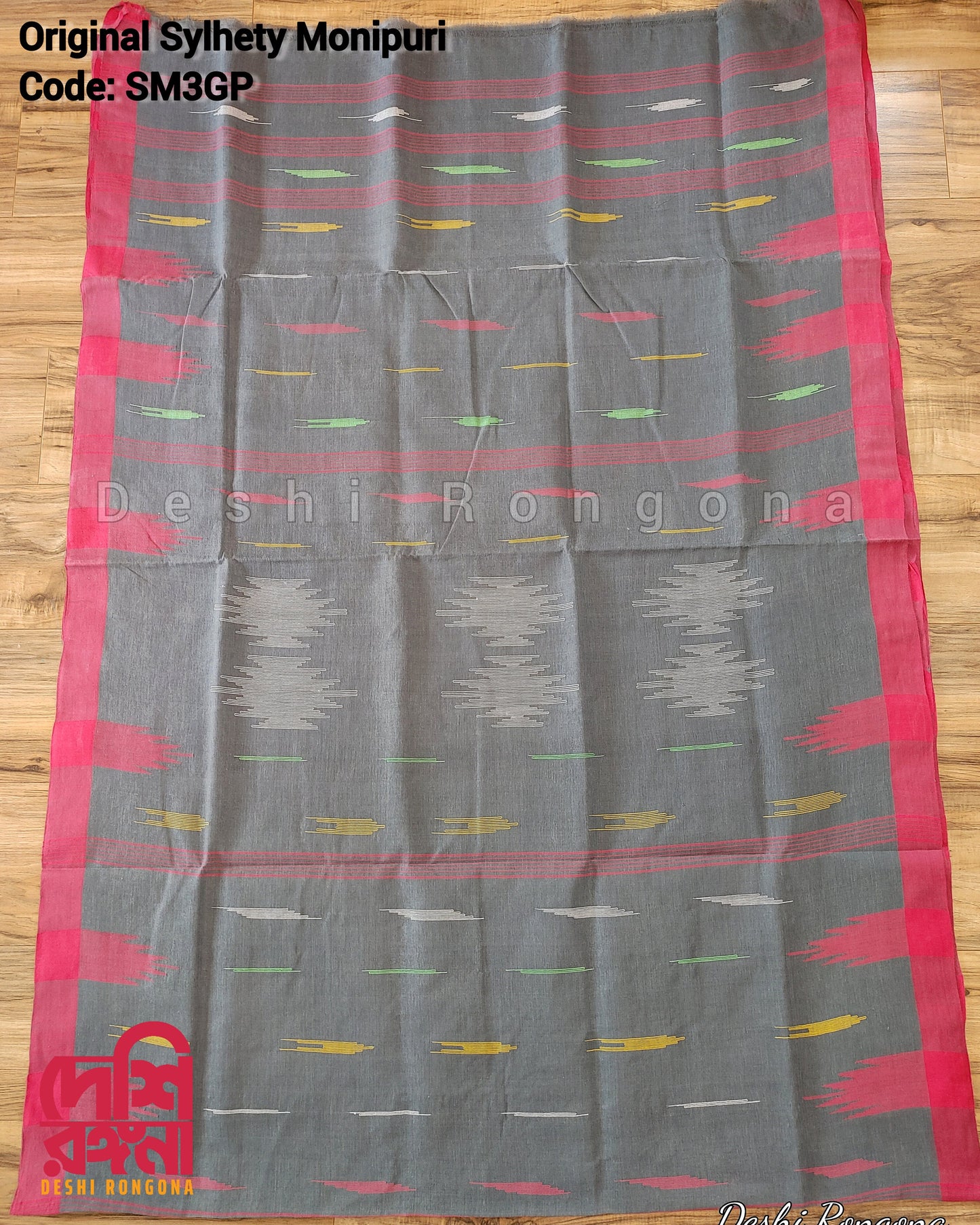 Sylheti Monipuri Handwoven Soft Cotton Saree – Gray & Pink Border