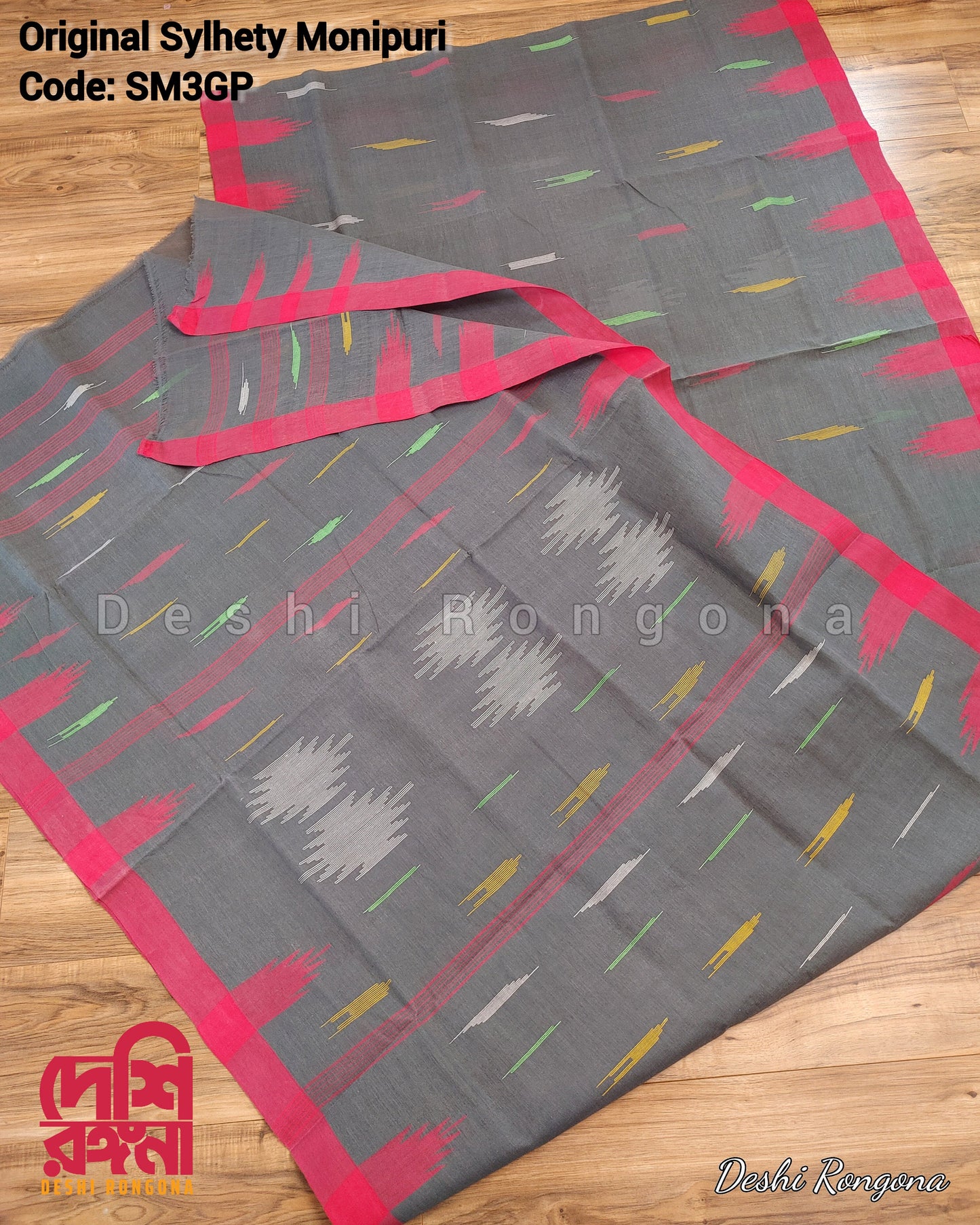 Sylheti Monipuri Handwoven Soft Cotton Saree – Gray & Pink Border