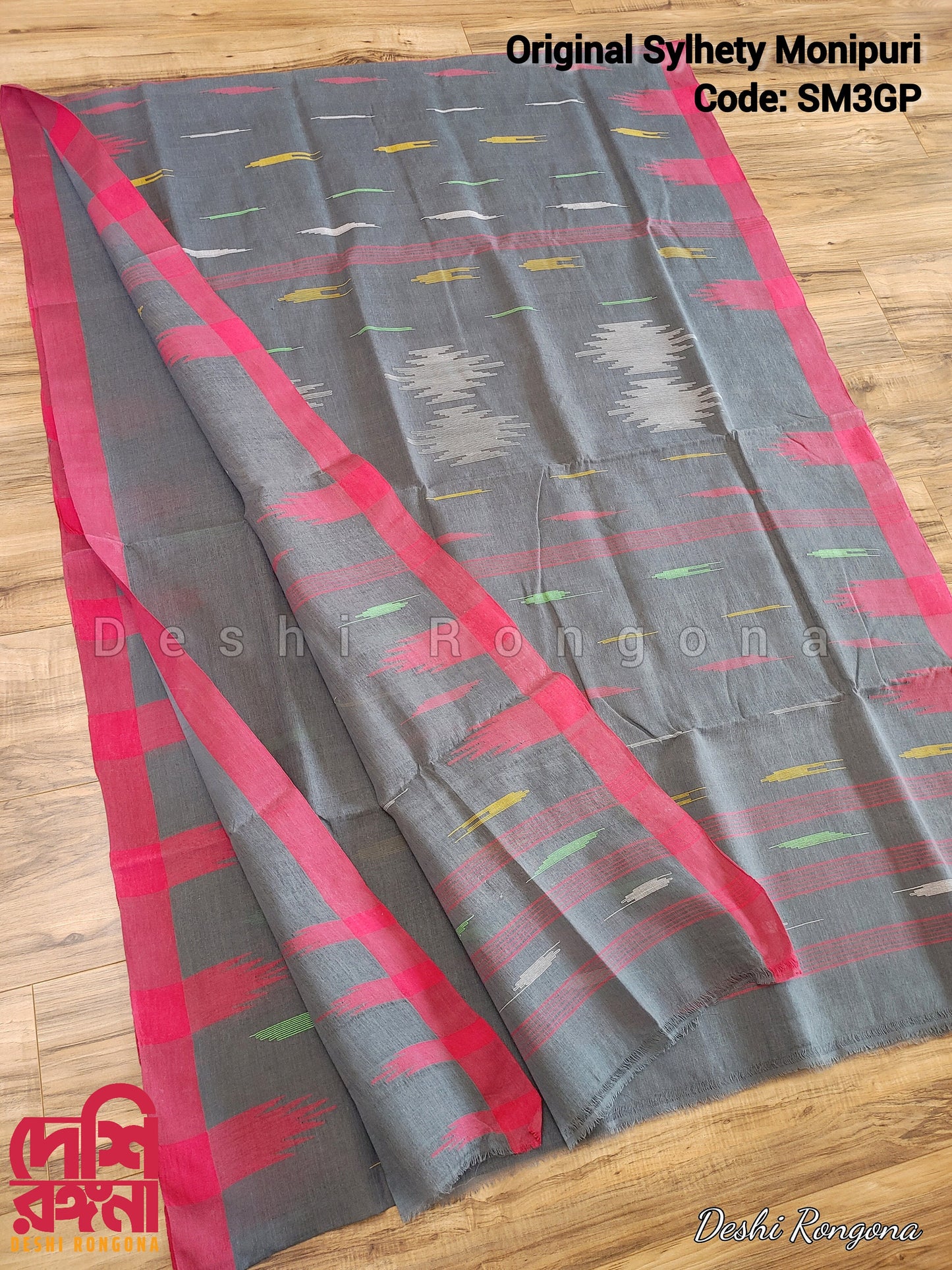 Sylheti Monipuri Handwoven Soft Cotton Saree – Gray & Pink Border