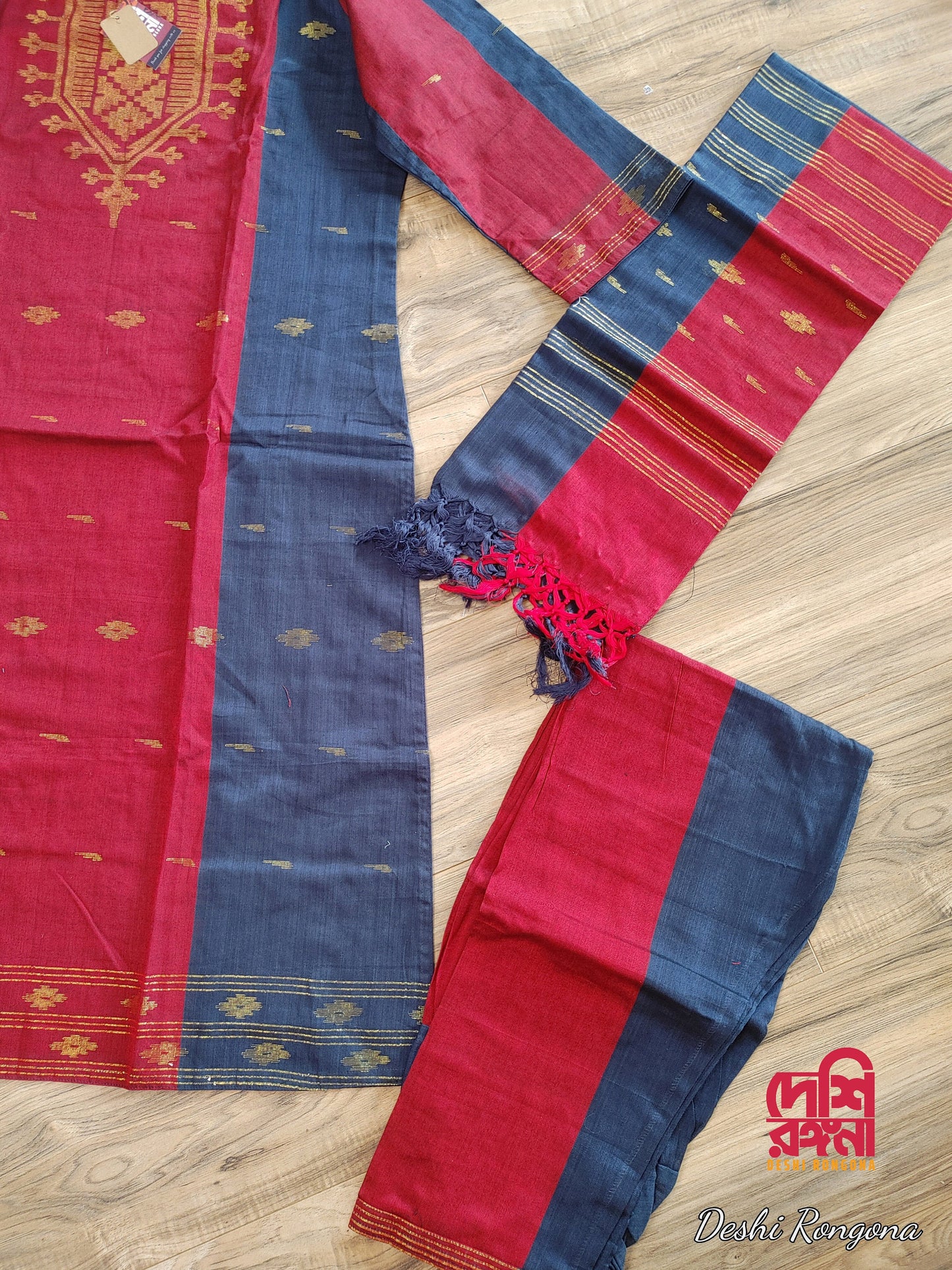 Oversize Handloom Dhakai Jamdani Cotton 3 piece, Maroon - Navy Blue Color with Golden Zari, Comfortable Summer Wear, Kamij-Dupatta-Salwar