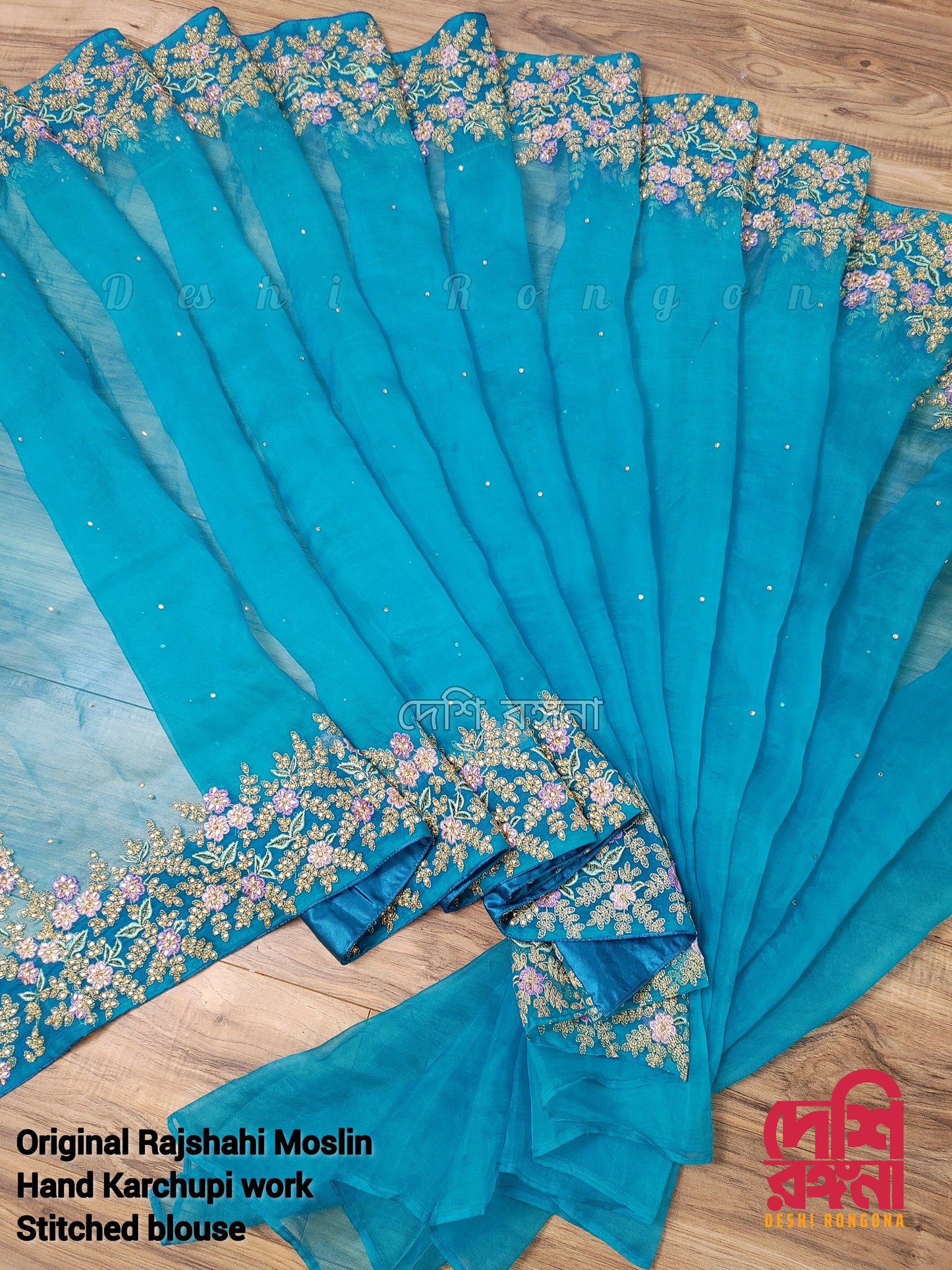 Original Moslin Handmade Karchupri work Saree, Beautiful Teal color, Bangladeshi Pure Sopura Muslin Saree, Super Soft and Light Weight